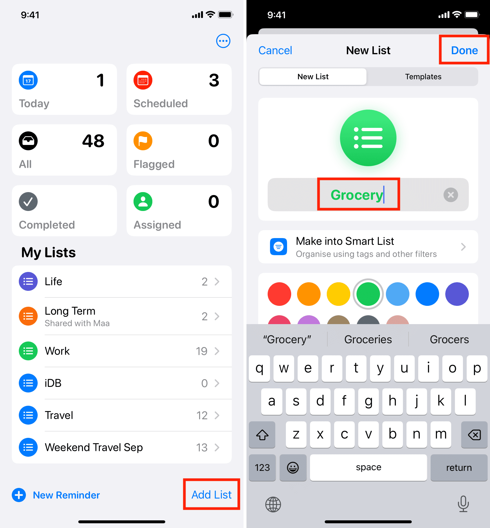 Add a list in iPhone Reminders app