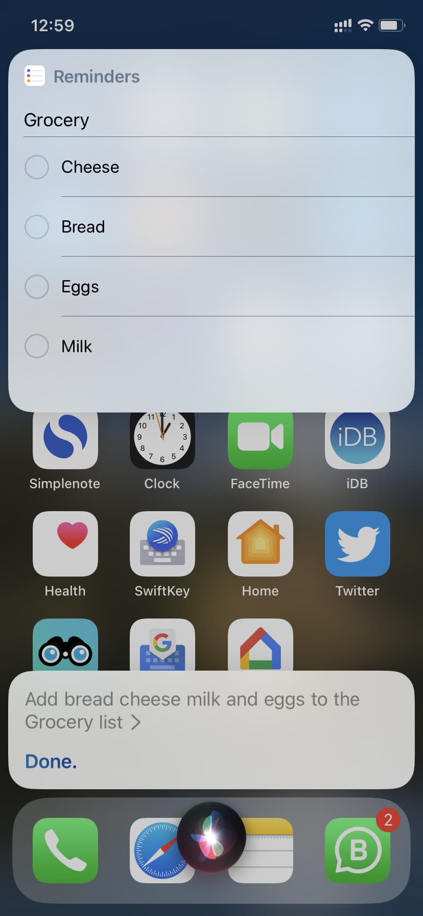 Add several items to a reminder list using Siri