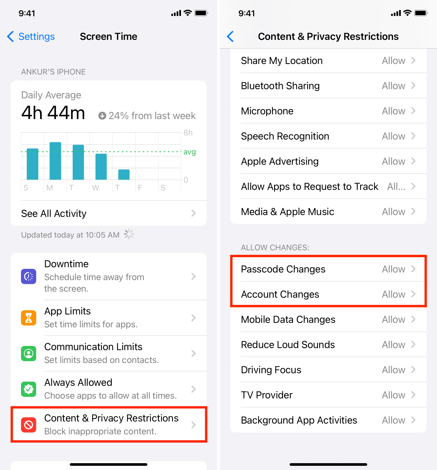Allow Passcode Changes and Account Changes in iPhone Screen Time settings