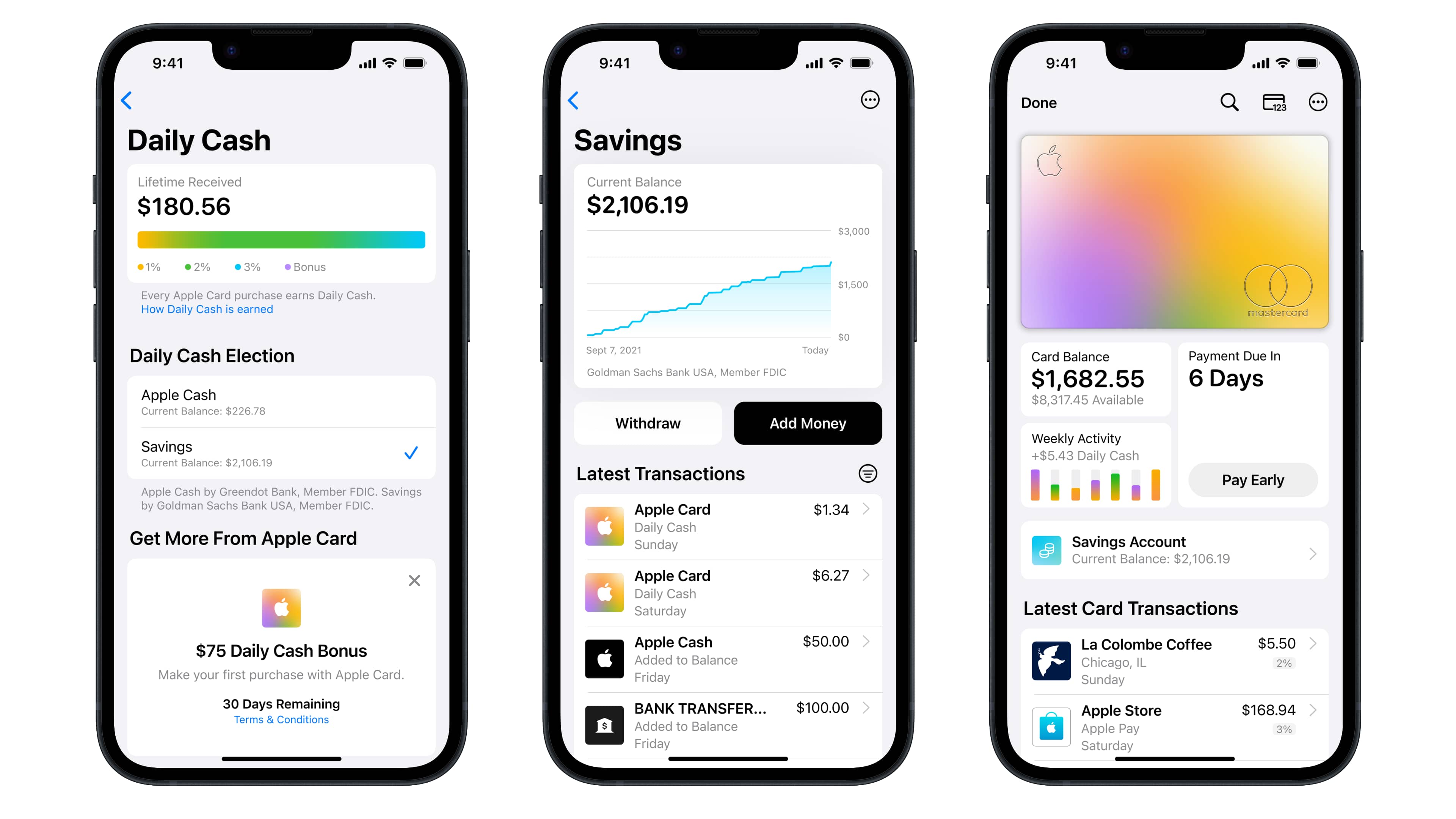 Three iPhone screenshots showcasing the Apple Card savings account in the Wallet app