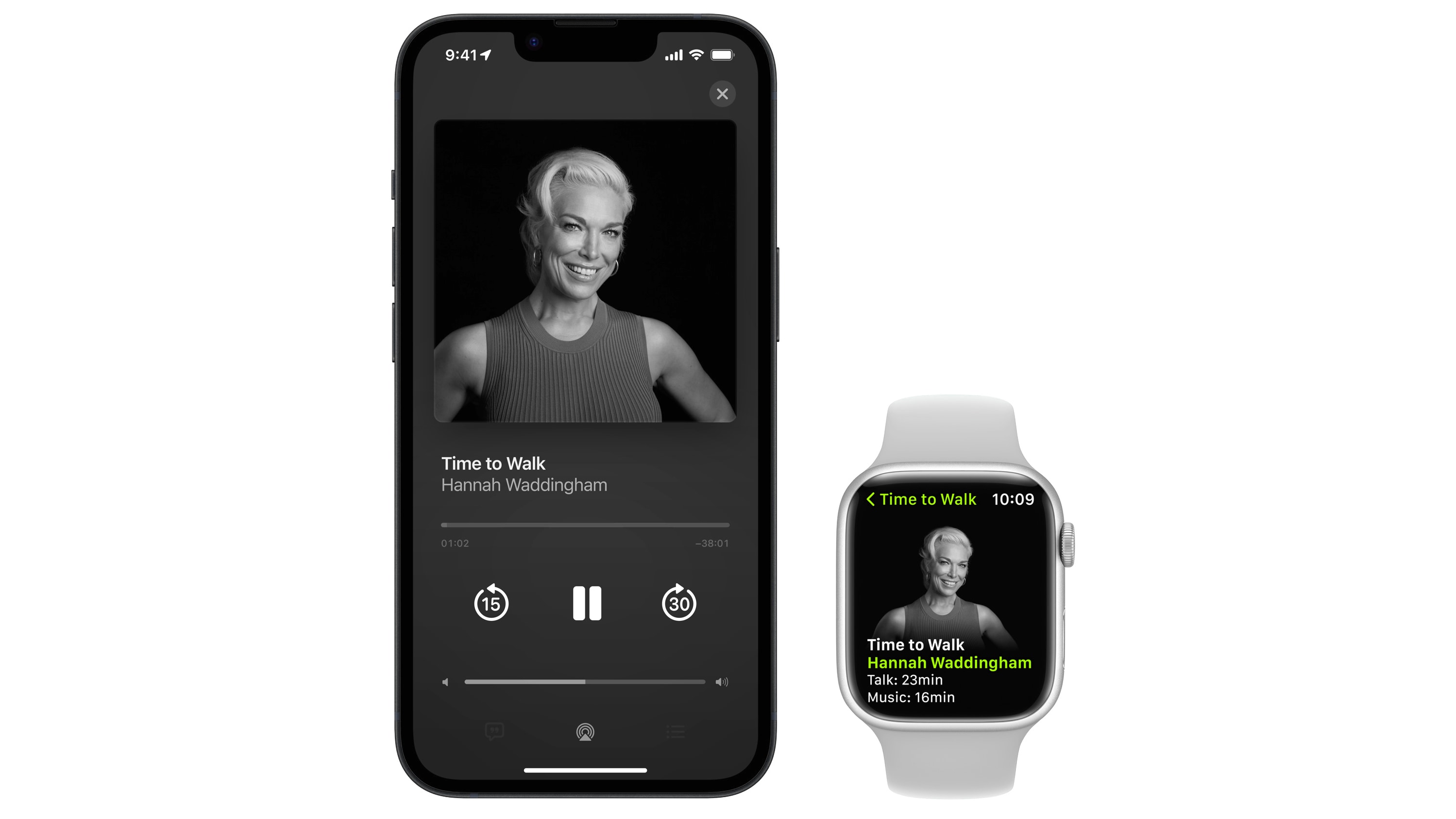 Apple Fitness+ on iPhone and Apple Watch playing a Time to Walk episode featuring Hannah Waddingham