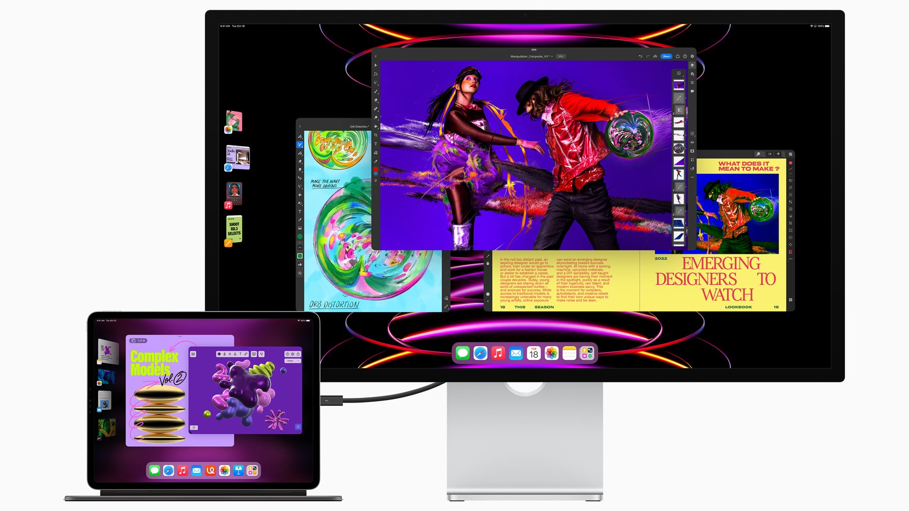 A 12.9-inch M2 iPad Pro connected to Apple's Pro Display XDR, showcasing multitasking with Stage Manager