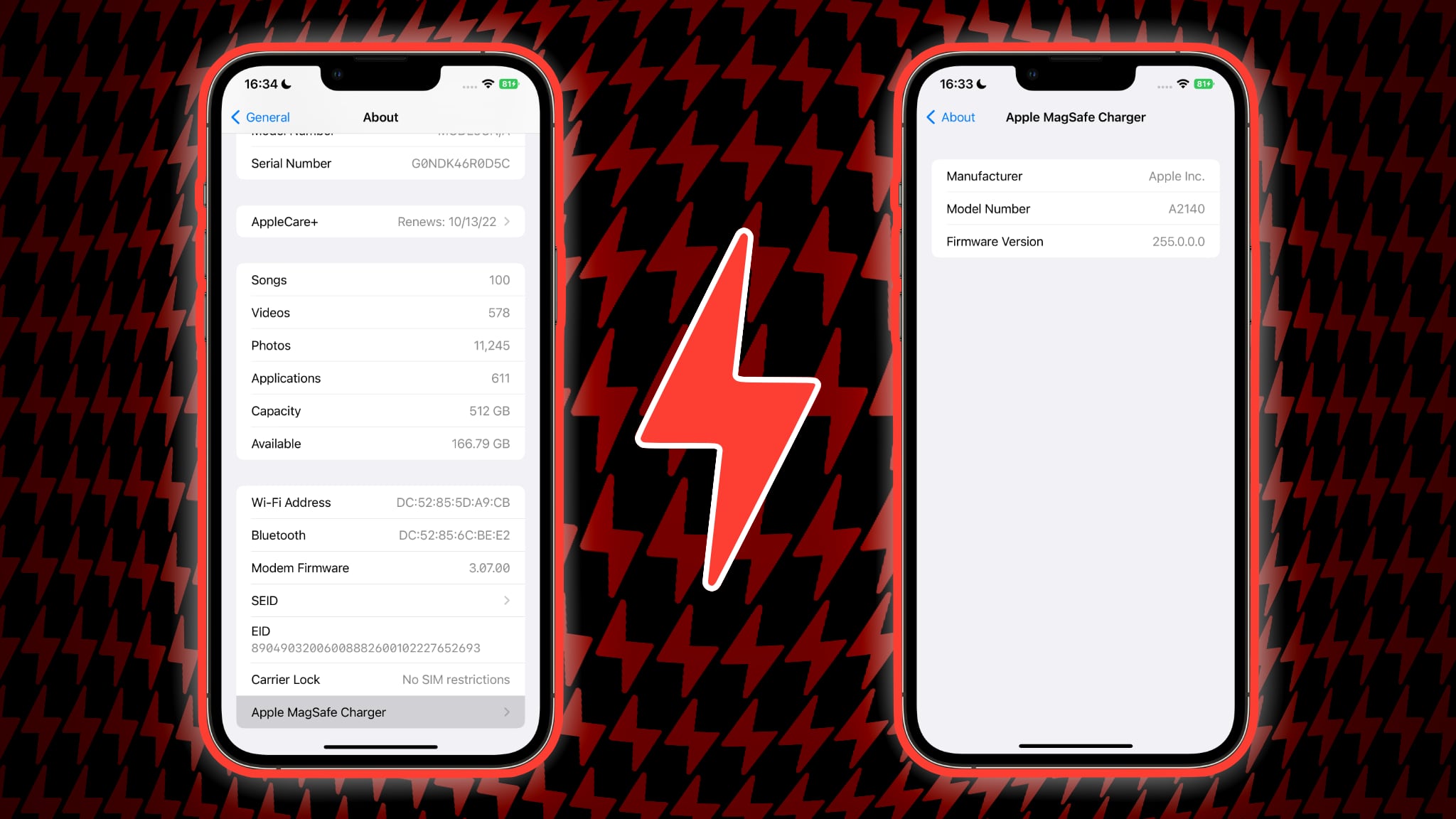 Two iPhone screenshots showing the MagSafe charger firmware and model numbers in the Settings app, set against a dark red background filled with power icons