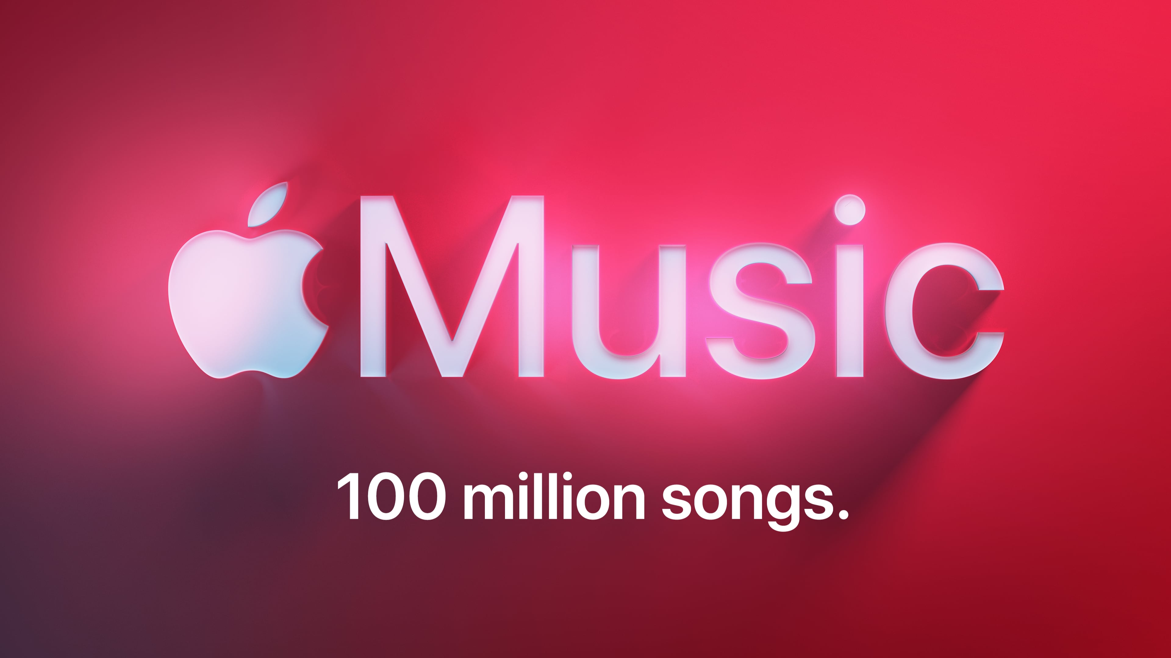 Apple Music logo along with the "100 million songs" tagline in white font, casting shadow on a red gradient background 