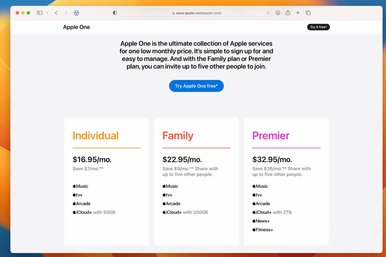 Safari screenshot showcasing the new price structure for the Apple One bundle tiers