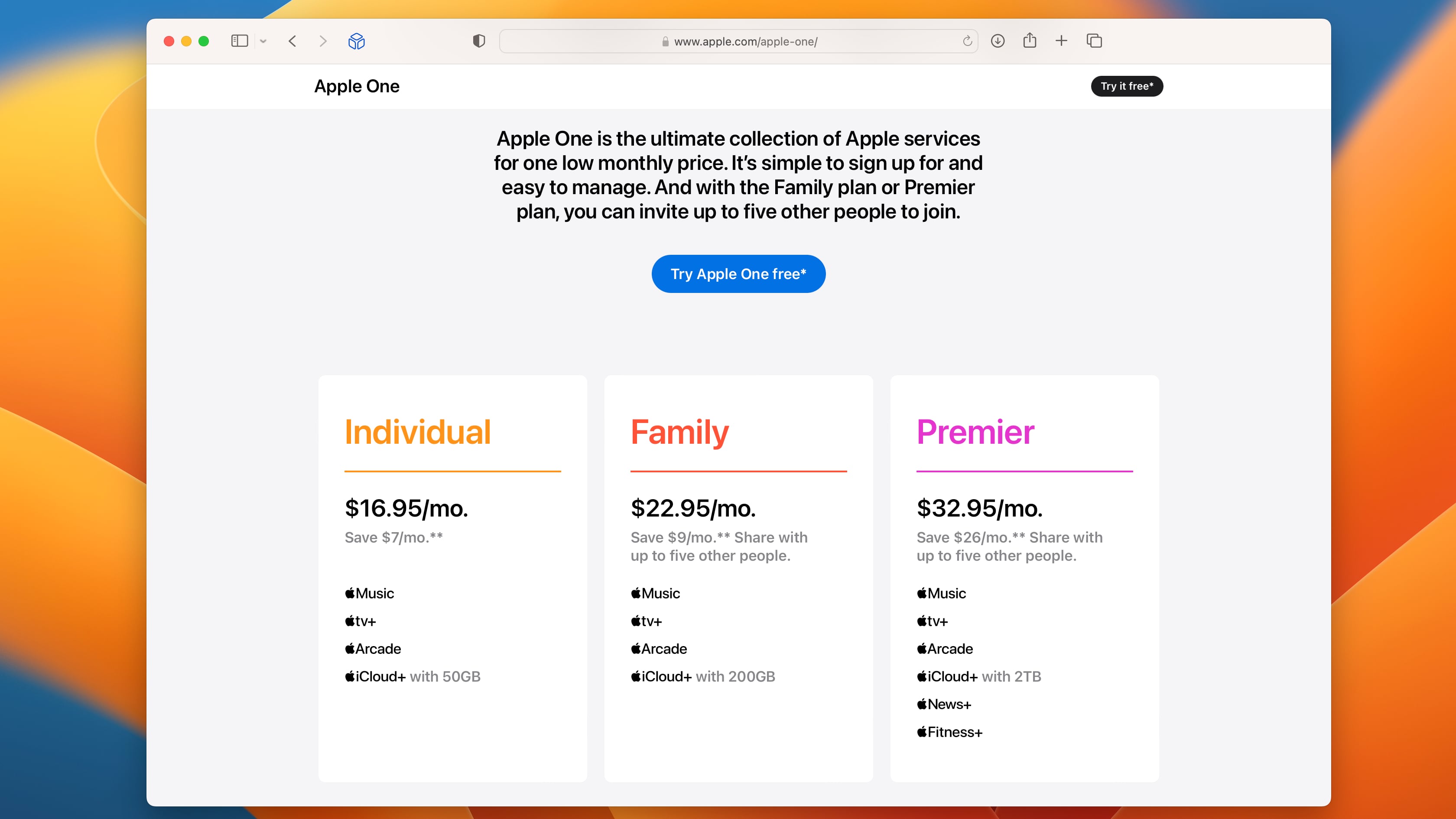 Safari screenshot showcasing the new price structure for the Apple One bundle tiers