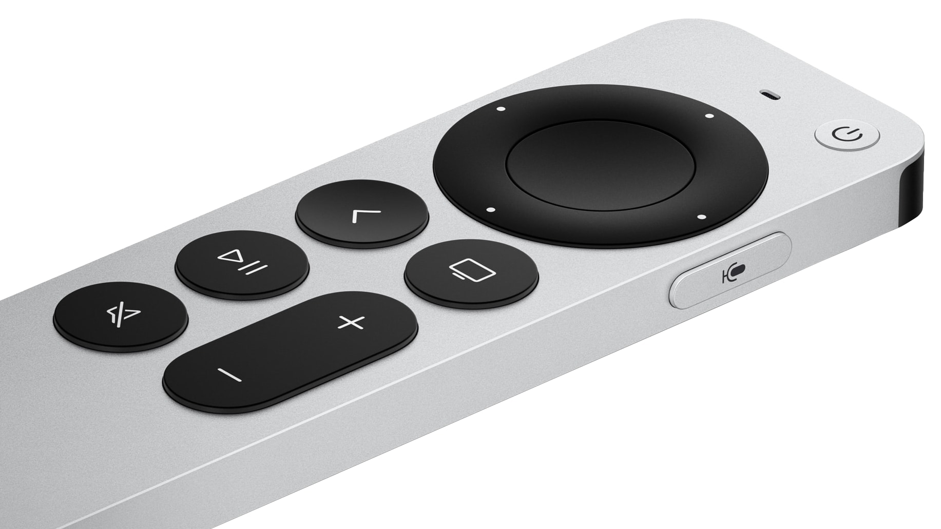 A closeup of the third-generation Siri Remote showing a voice button on the right side