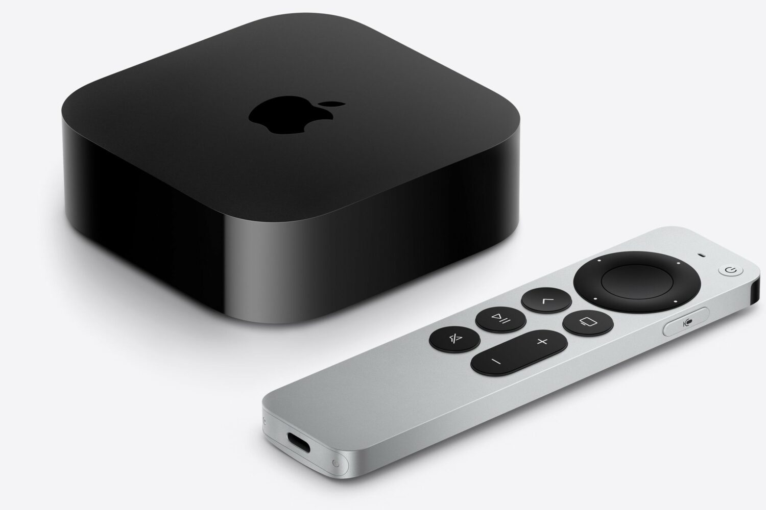 Perspective view of the third-generation Apple TV 4K with its Siri Remote
