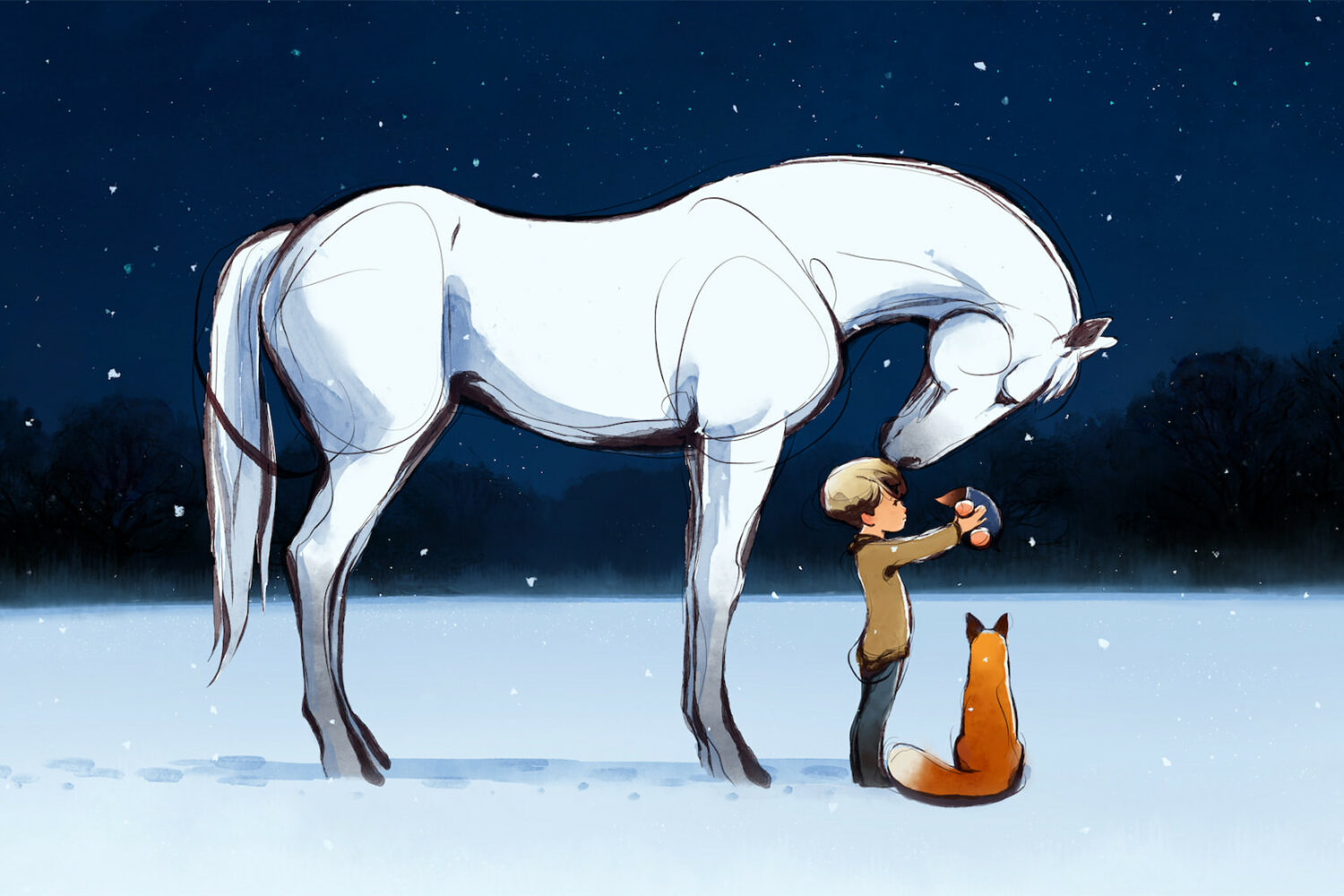 Illustration depicting a boy, a horse and a fox for the Apple TV+ animated short film “The Boy, the Mole, the Fox and the Horse”