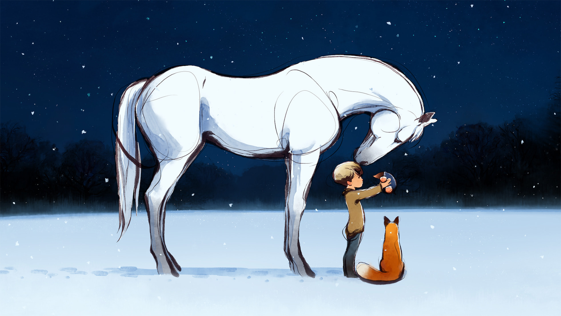 Illustration depicting a boy, a horse and a fox for the Apple TV+ animated short film “The Boy, the Mole, the Fox and the Horse” 