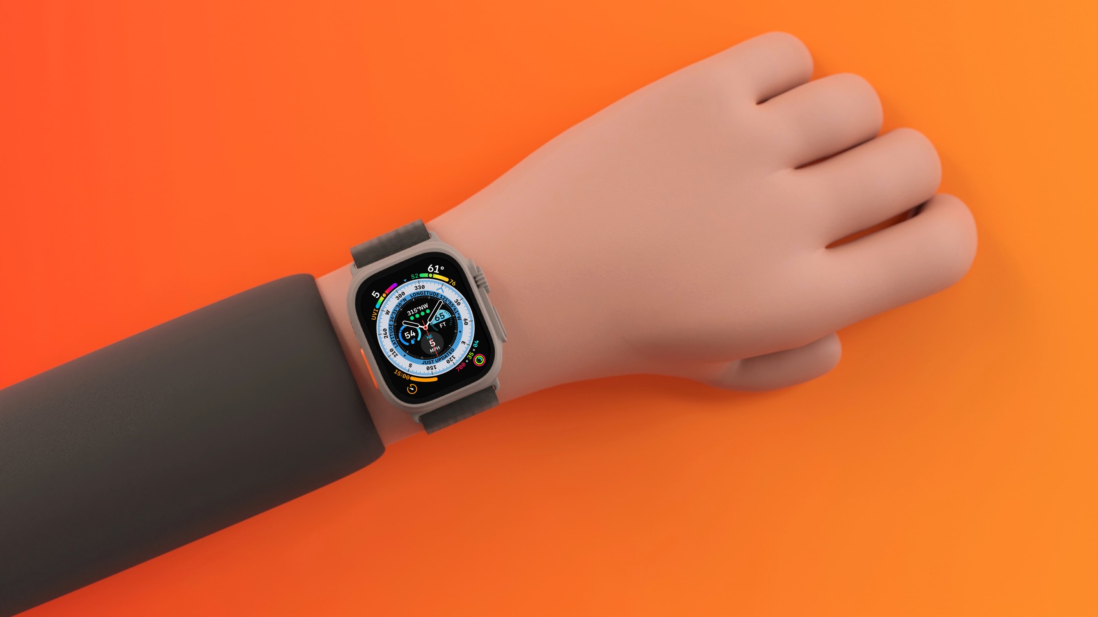 Apple Watch Ultra on a rendered male hand