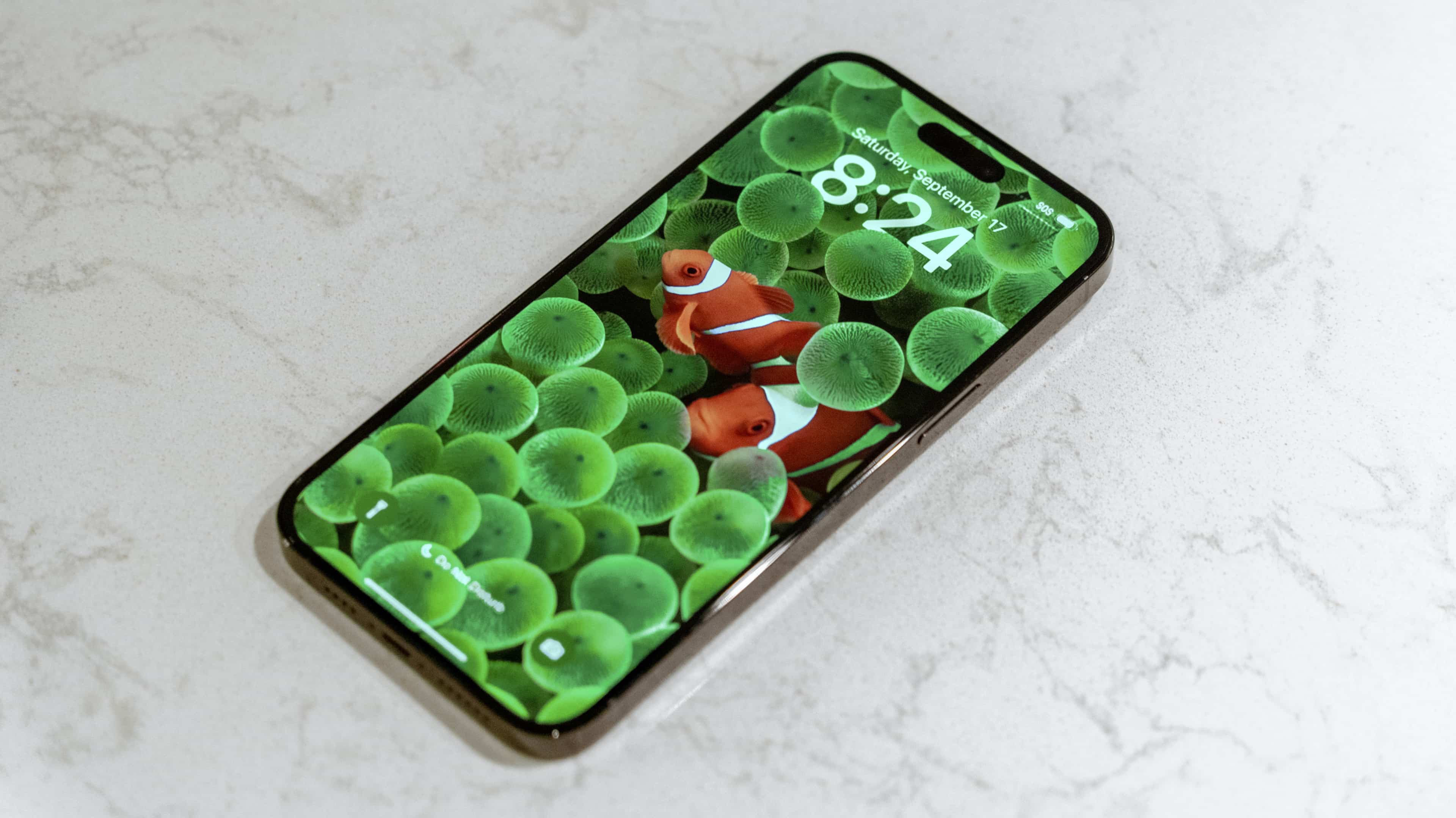iPhone 14 Pro Max with the clownfish lock screen wallpaper, laid flat on a marble table
