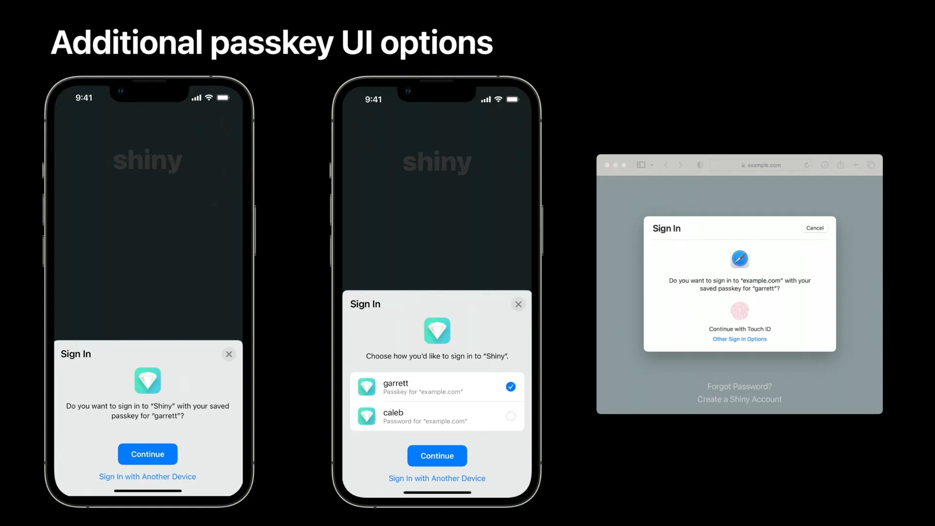 Two iPhones showing signing in to websites with stored passkeys 