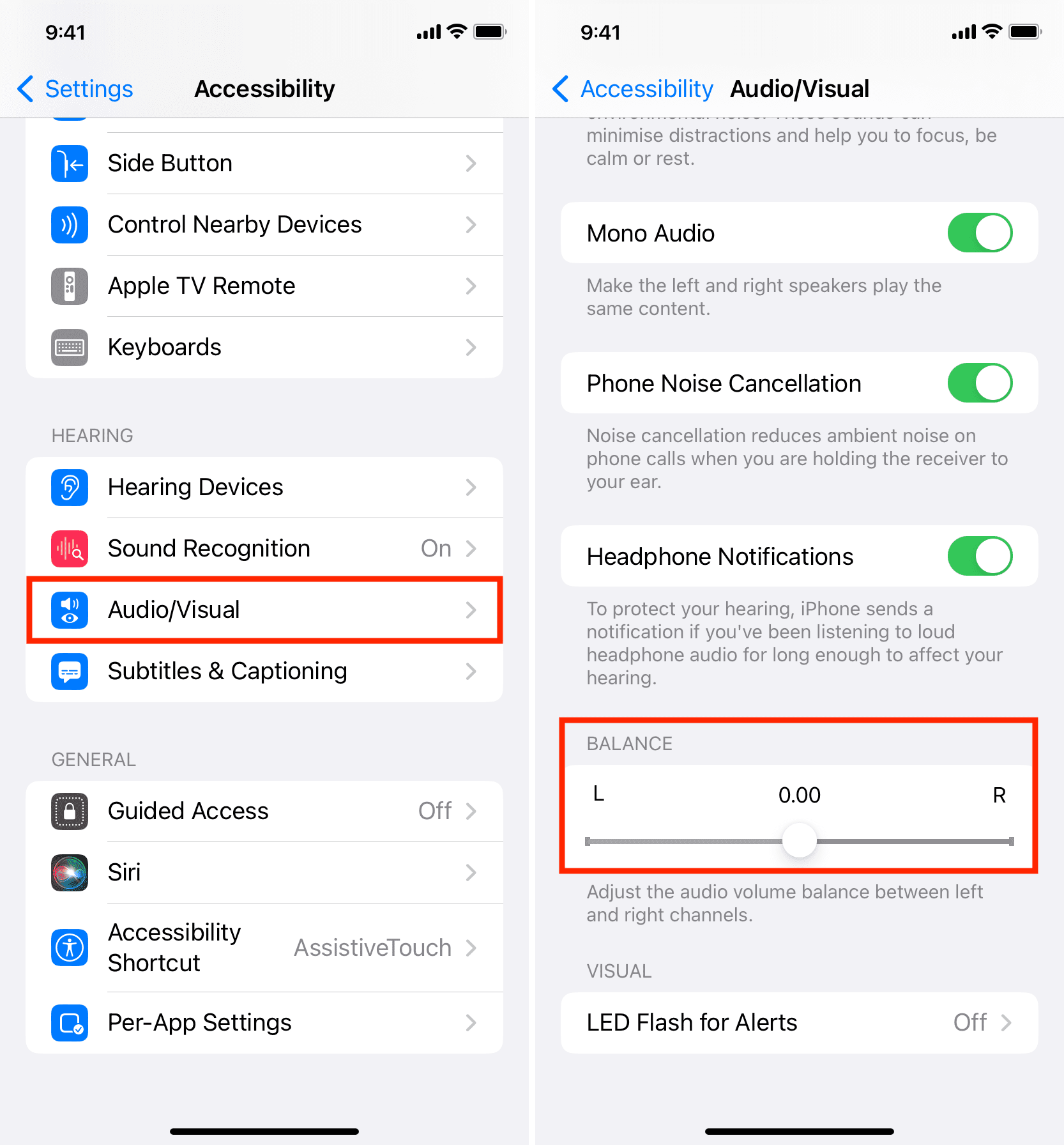 Set audio balance on iPhone to 0.00 so that there is no imbalance in left and right AirPod