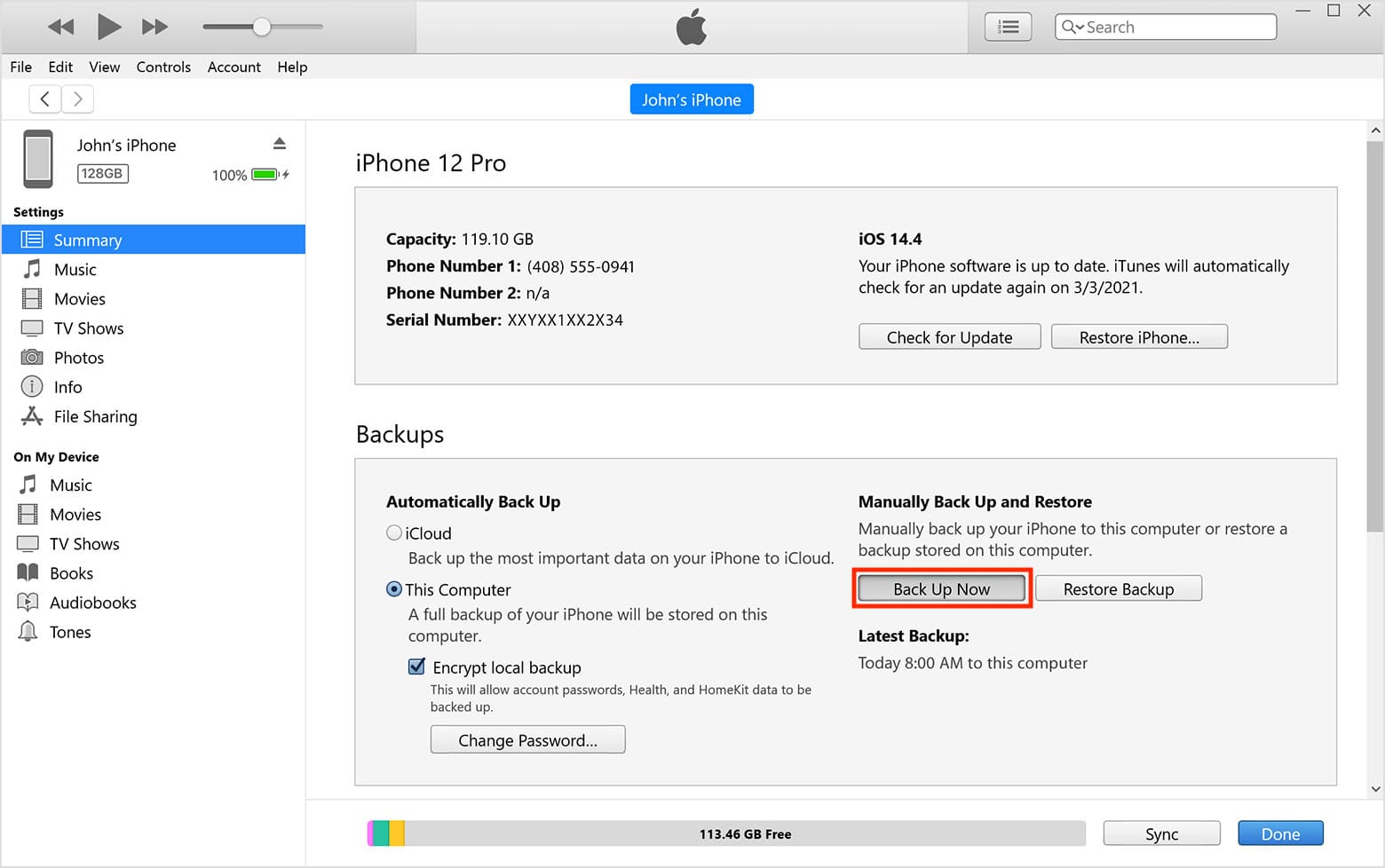 Back up iPhone to Windows PC using iTunes