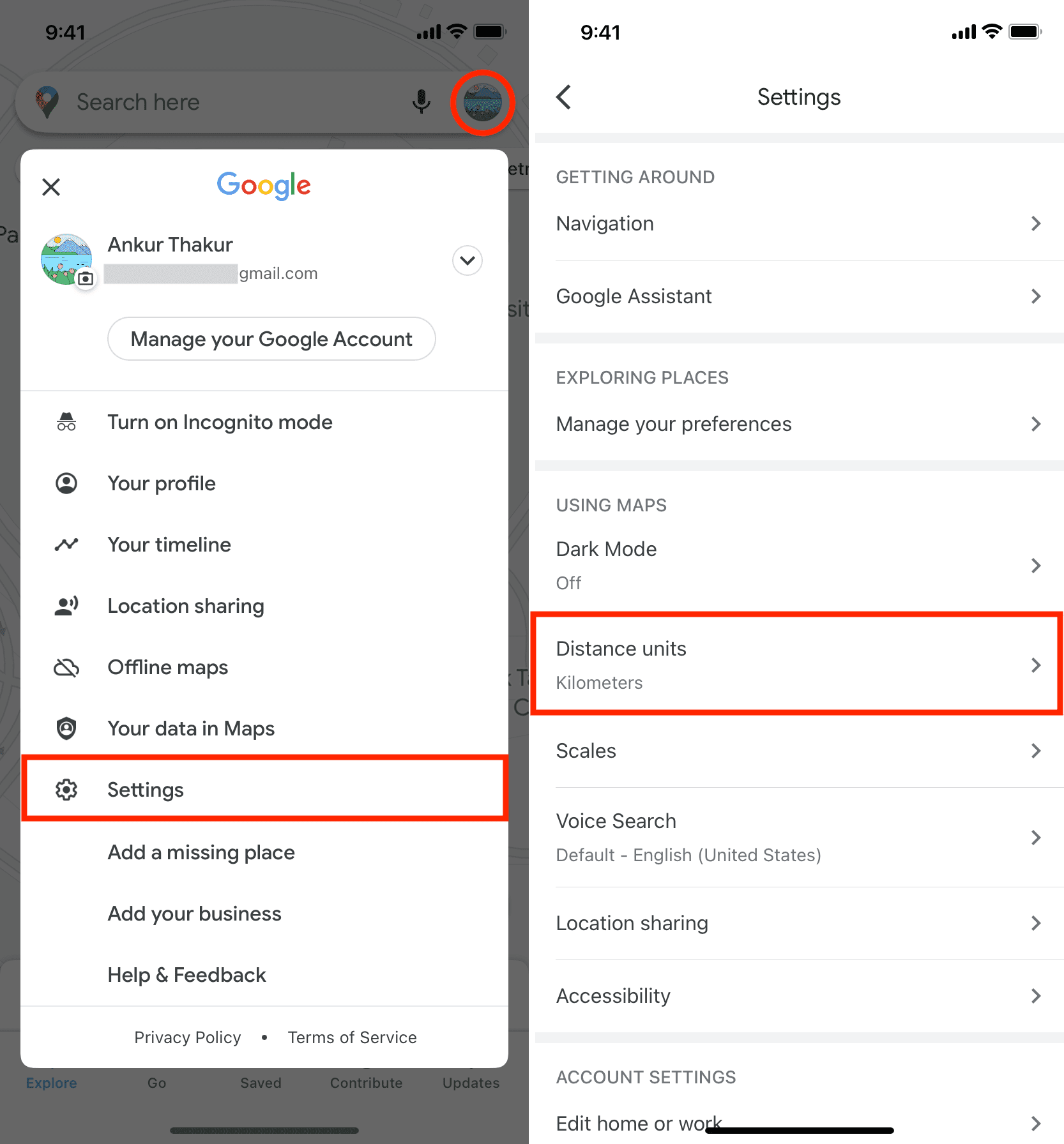 Change distance units in Google Maps mobile app