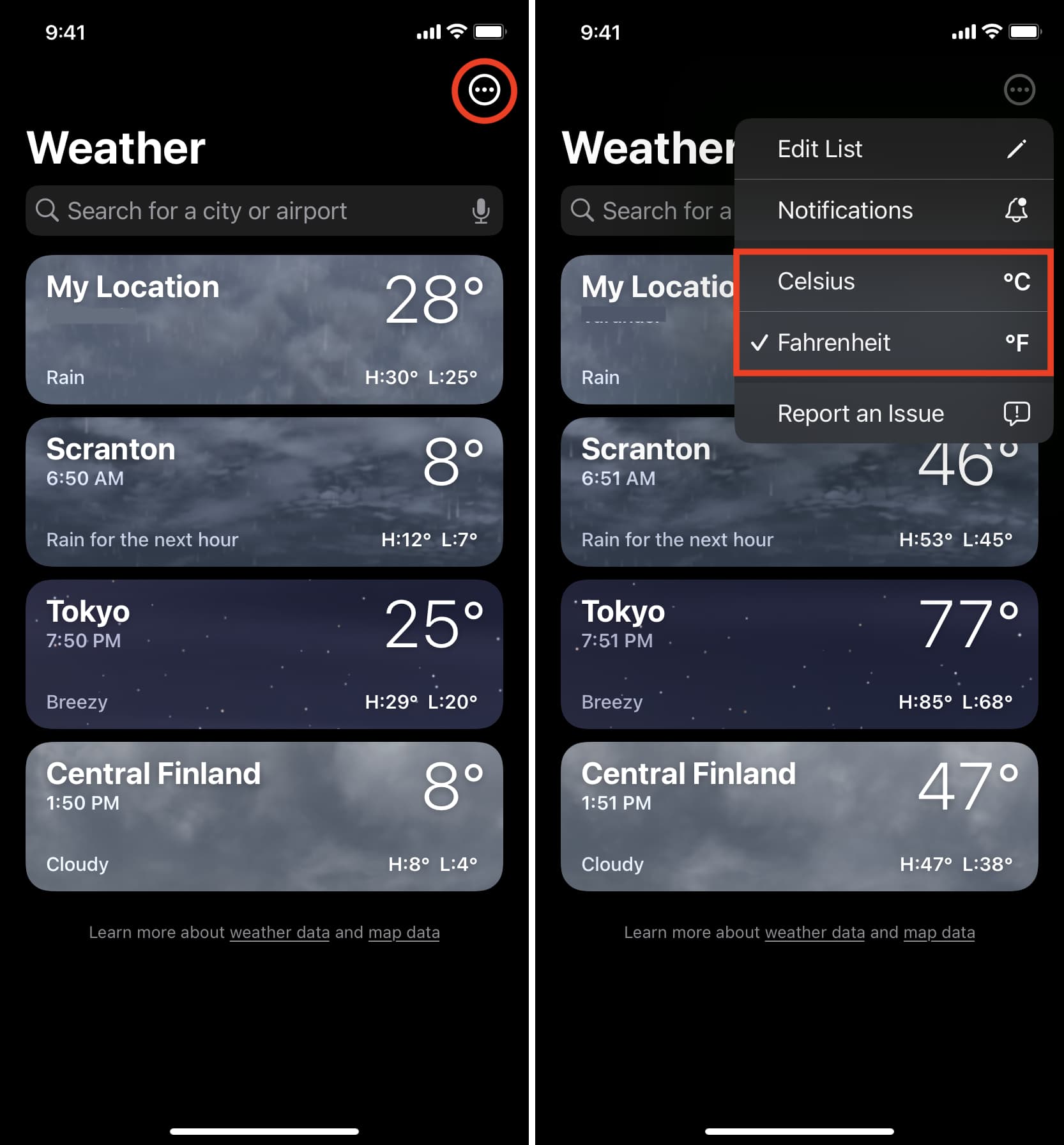 Change temperature unit in iPhone Weather app