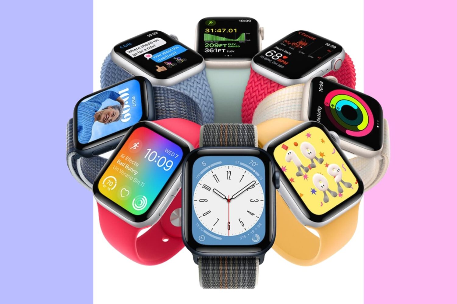 Eight Apple Watches with different watch faces and watch bands placed in a beautiful circular design