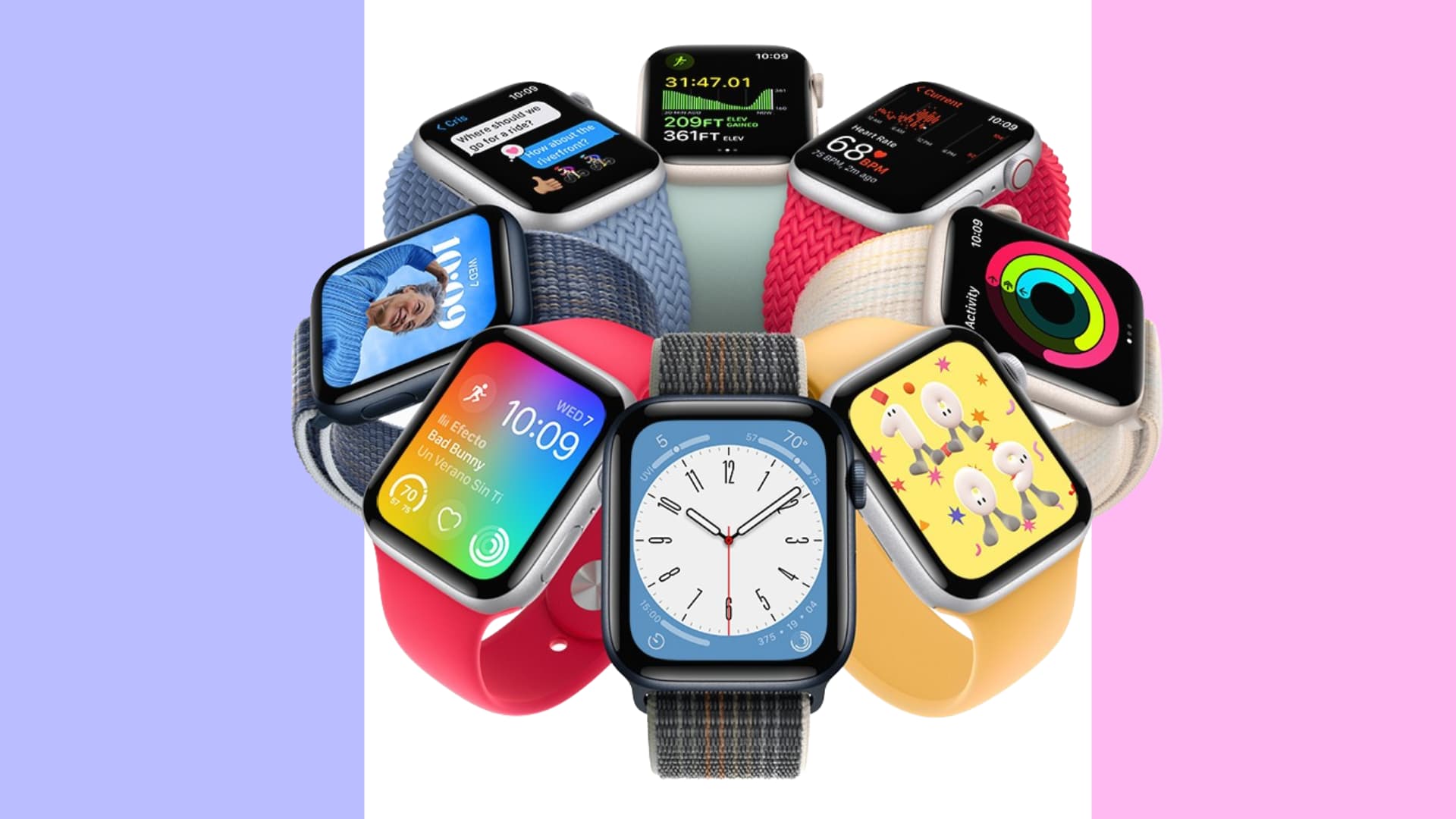 Eight Apple Watches with different watch faces and watch bands placed in a beautiful circular design
