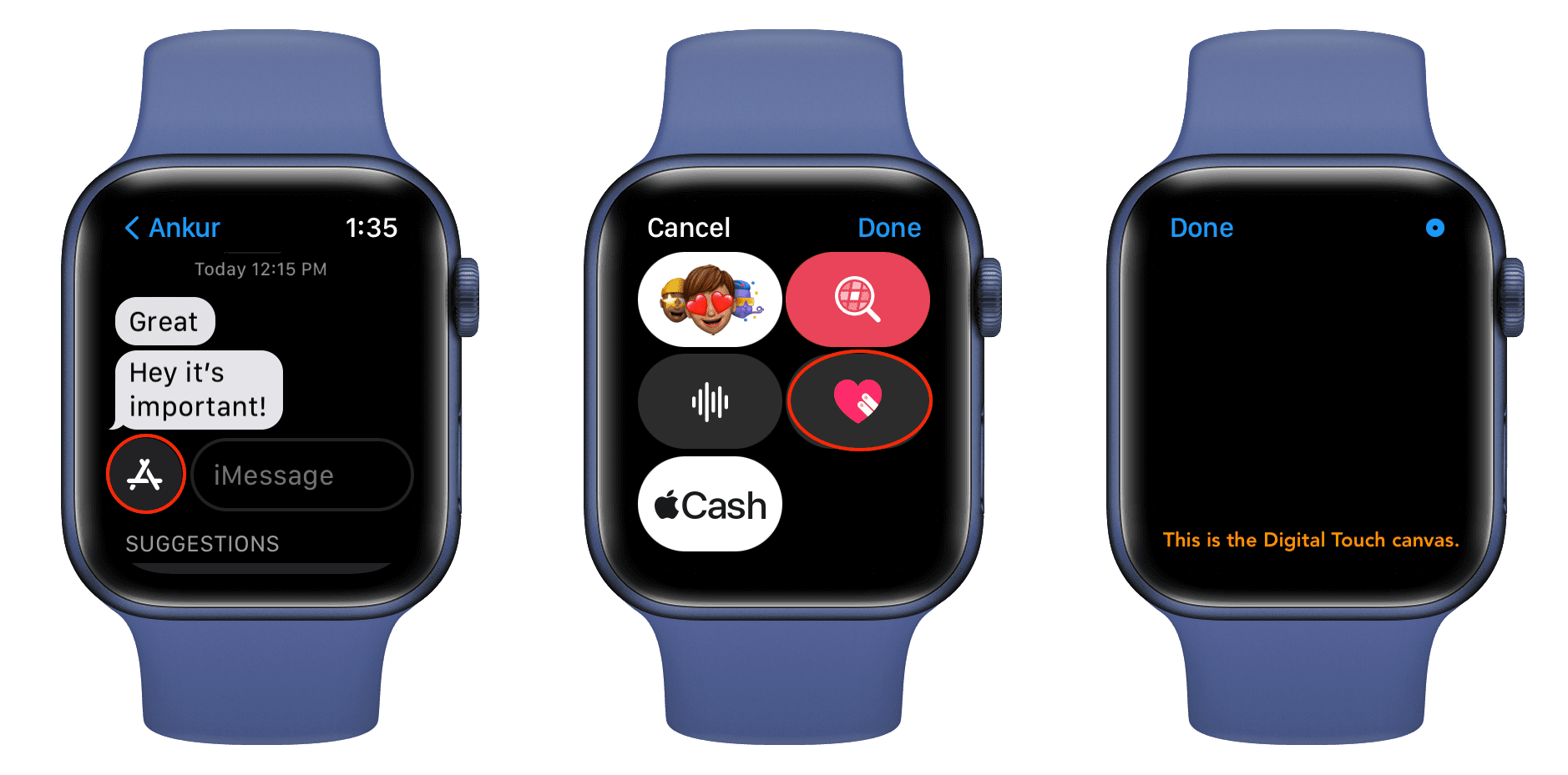 Three Apple Watch mockups showing how to create Digital Touch effect messages