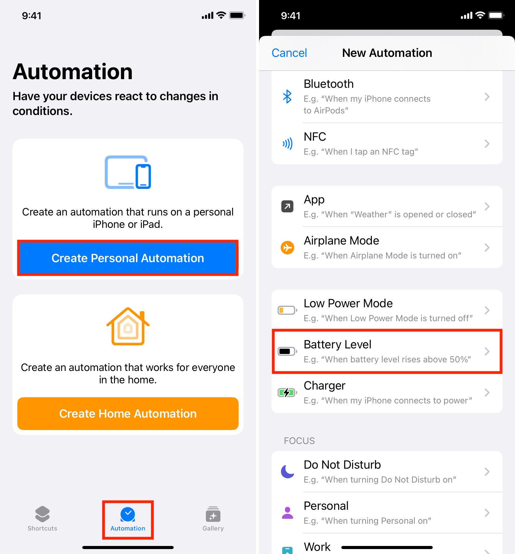 Create new iOS automation and choose Battery Level