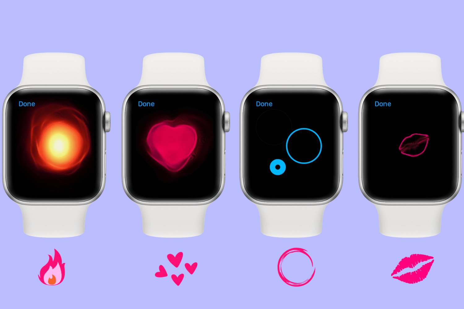 Four Apple Watch mockups showing Digital Touch message effects like fireball, heartbeat, taps, and kiss