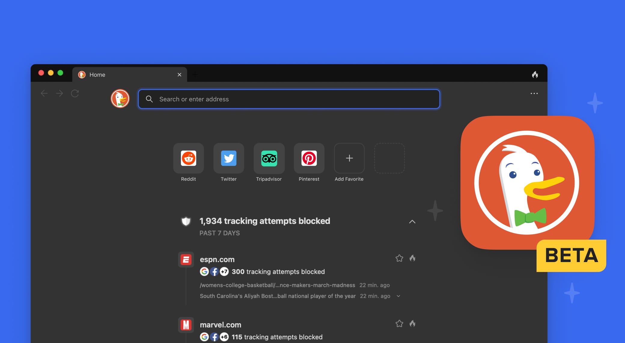 macOS screenshot of the beta version of the DuckDuckGo private browser
