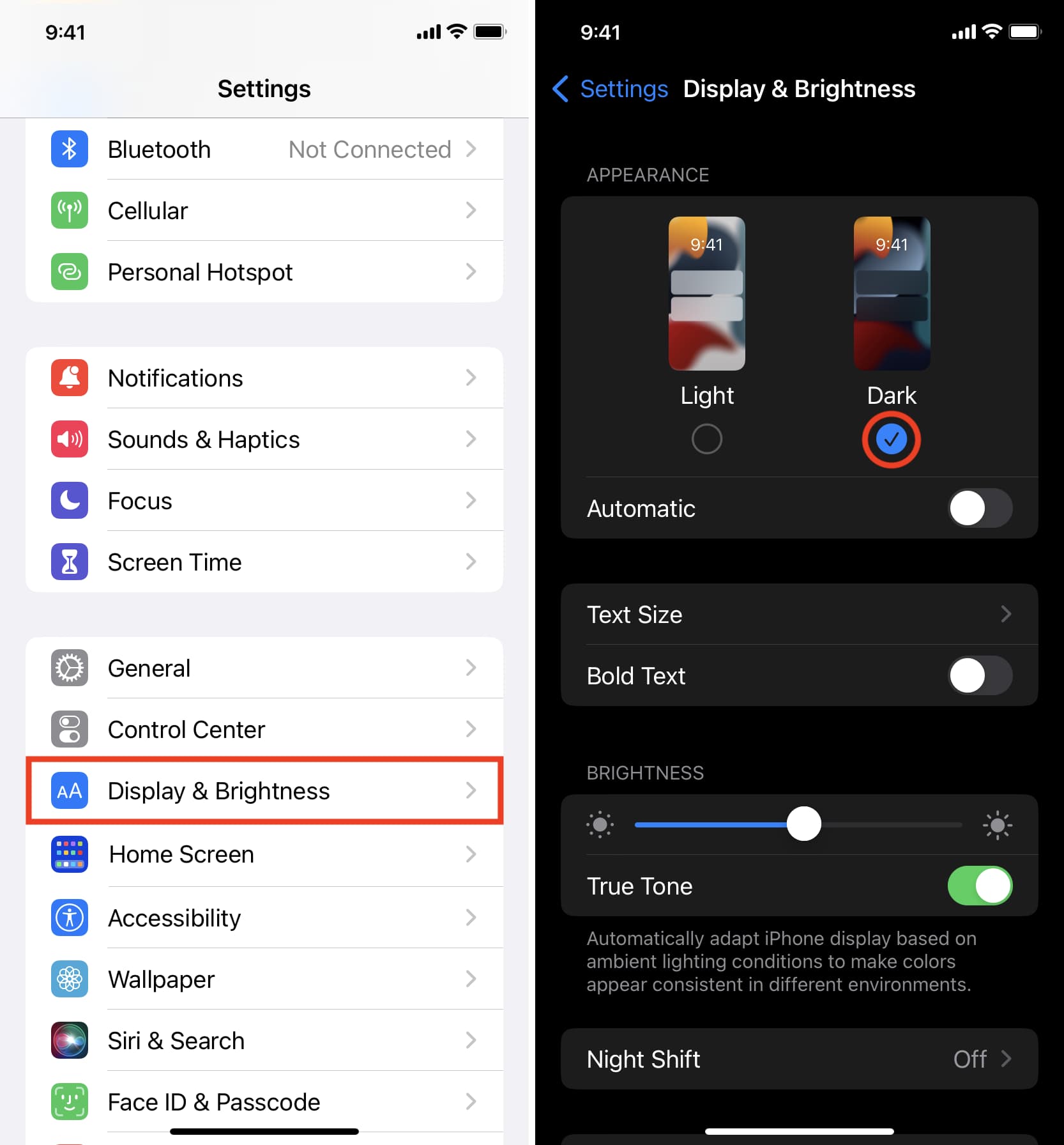 Two iPhone screenshots showing how to enable Dark Mode from Settings