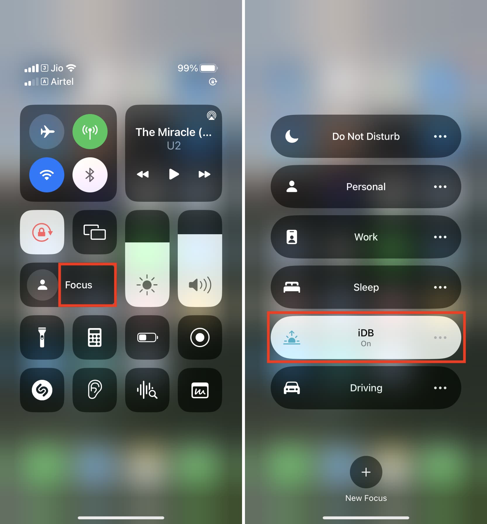 Enable Focus mode on iPhone from Control Center