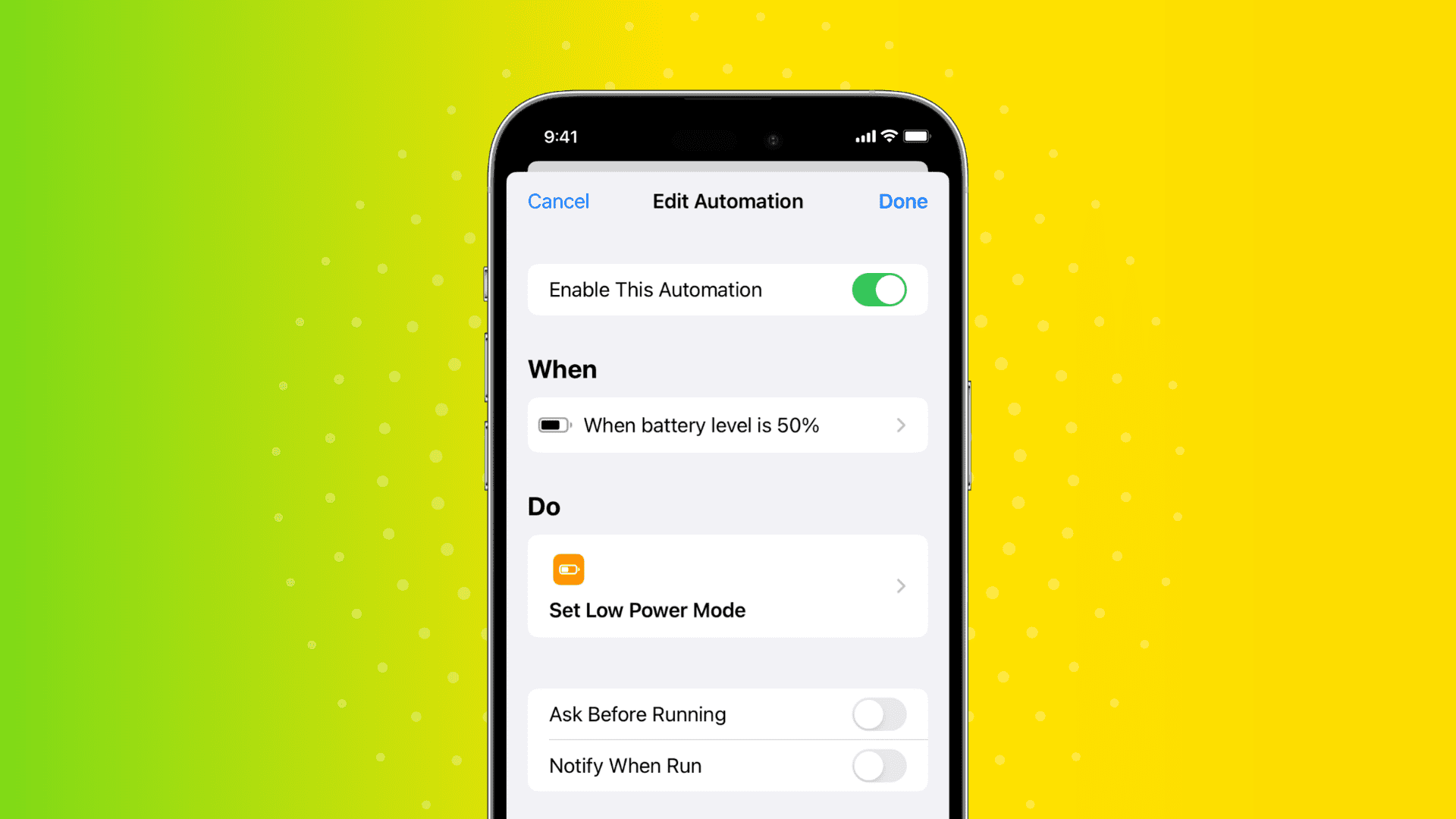 iPhone mockup showing Shortcuts app automation that enables Low Power Mode automatically at any set battery percentage