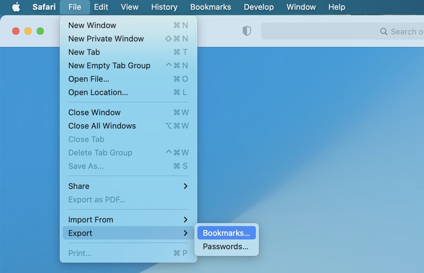 Export Safari bookmarks on Mac
