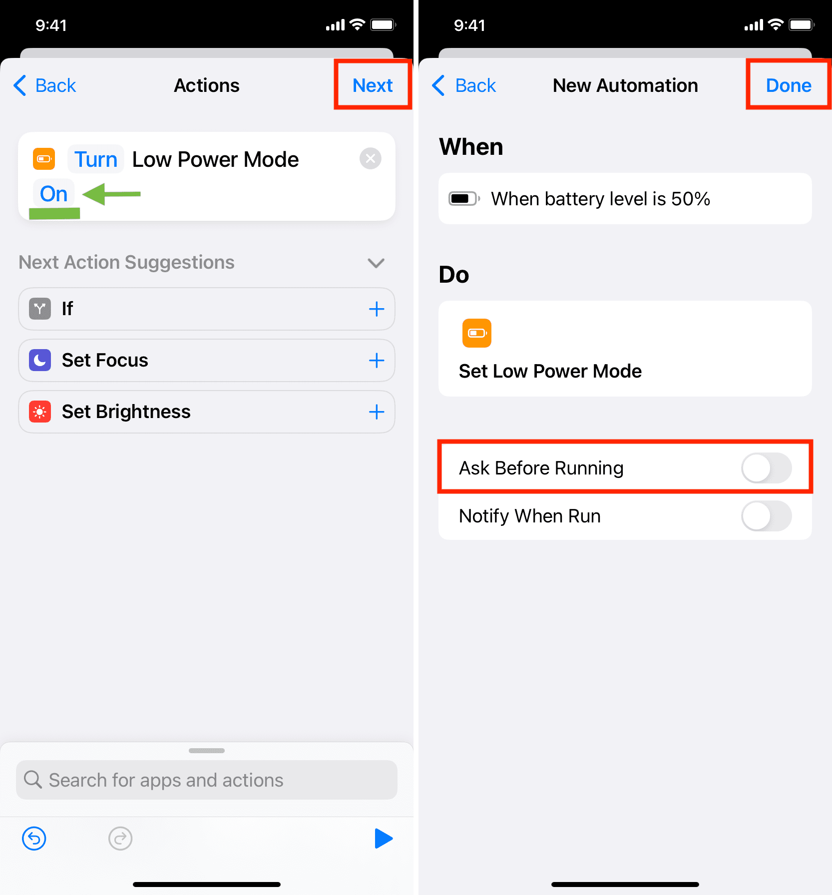 Finish creating iOS automation to enable Low Power Mode automatically