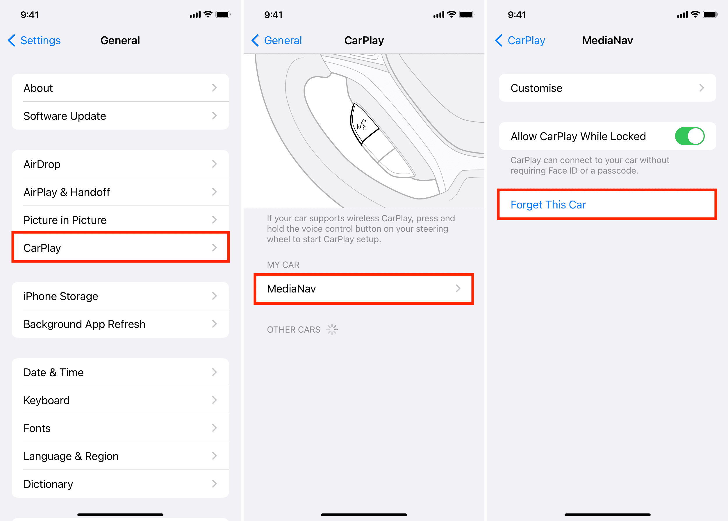 Forget This Car in iPhone CarPlay settings to turn off CarPlay