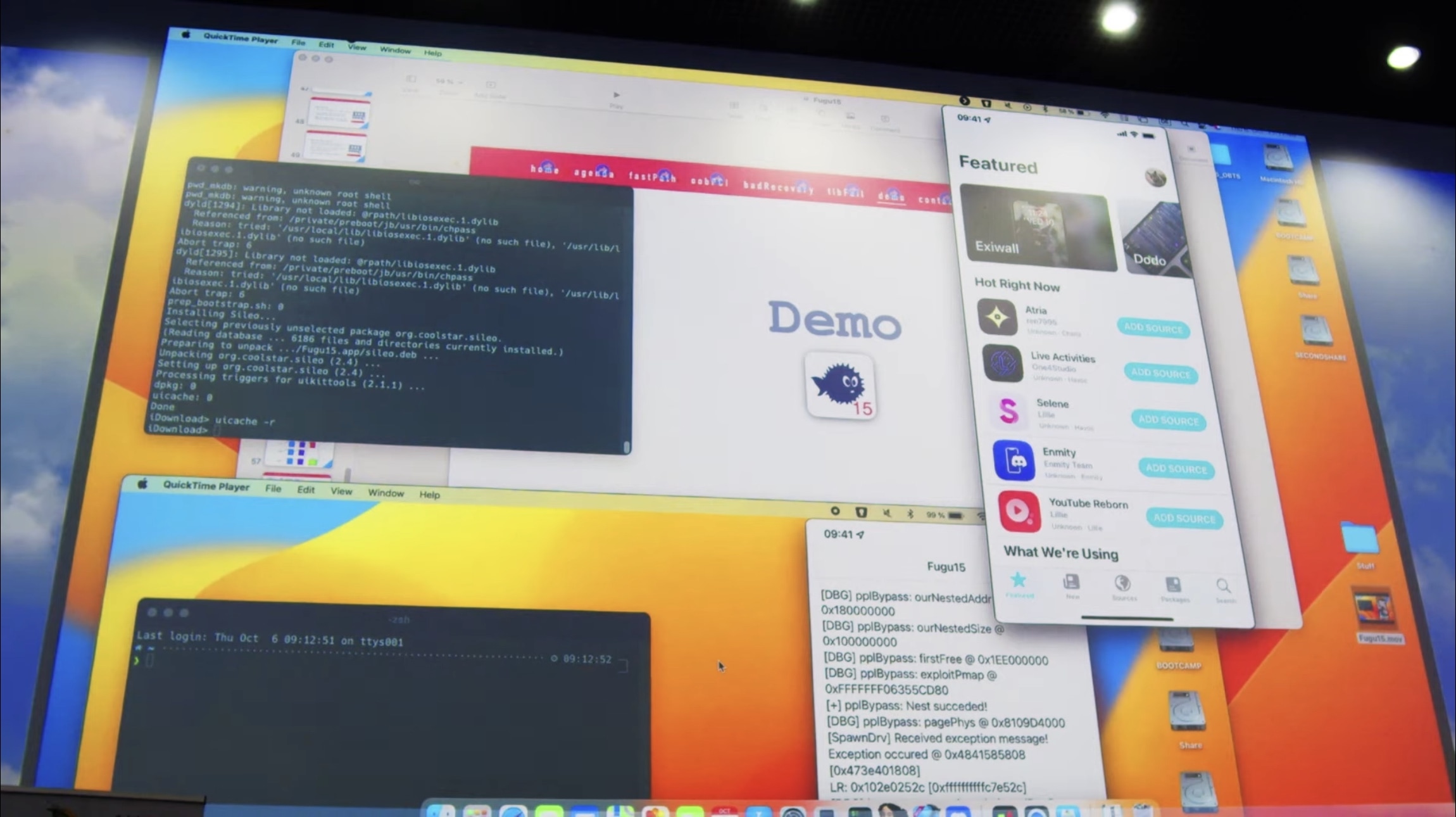Fugu15 jailbreak demoed by Linus Henze on an iOS 15.4.1 device at the Objective by the Sea security conference.