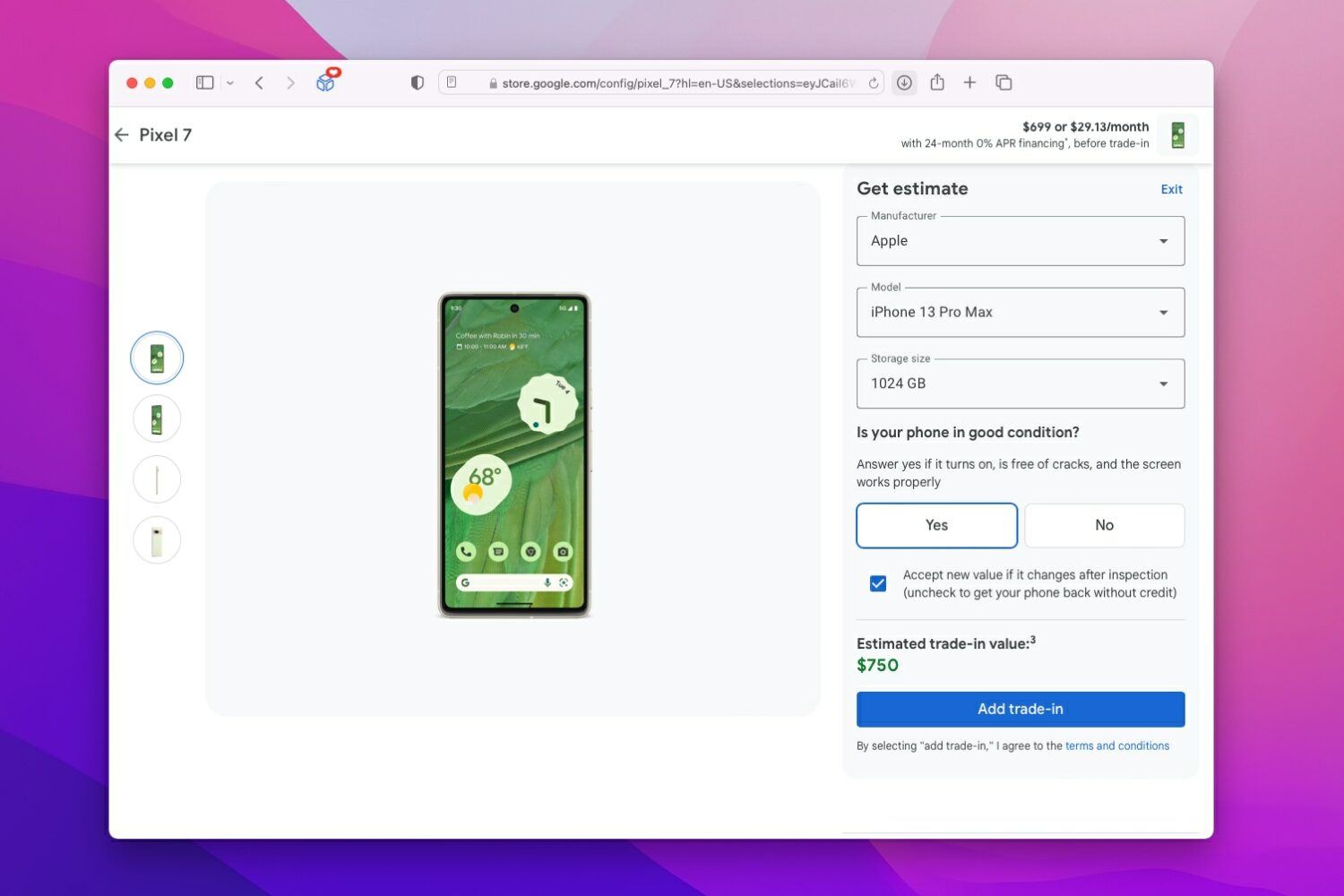Screenshot of the Google Store showing trading in 1TB iPhone 13 Pro Max toward Pixel 7 purchase