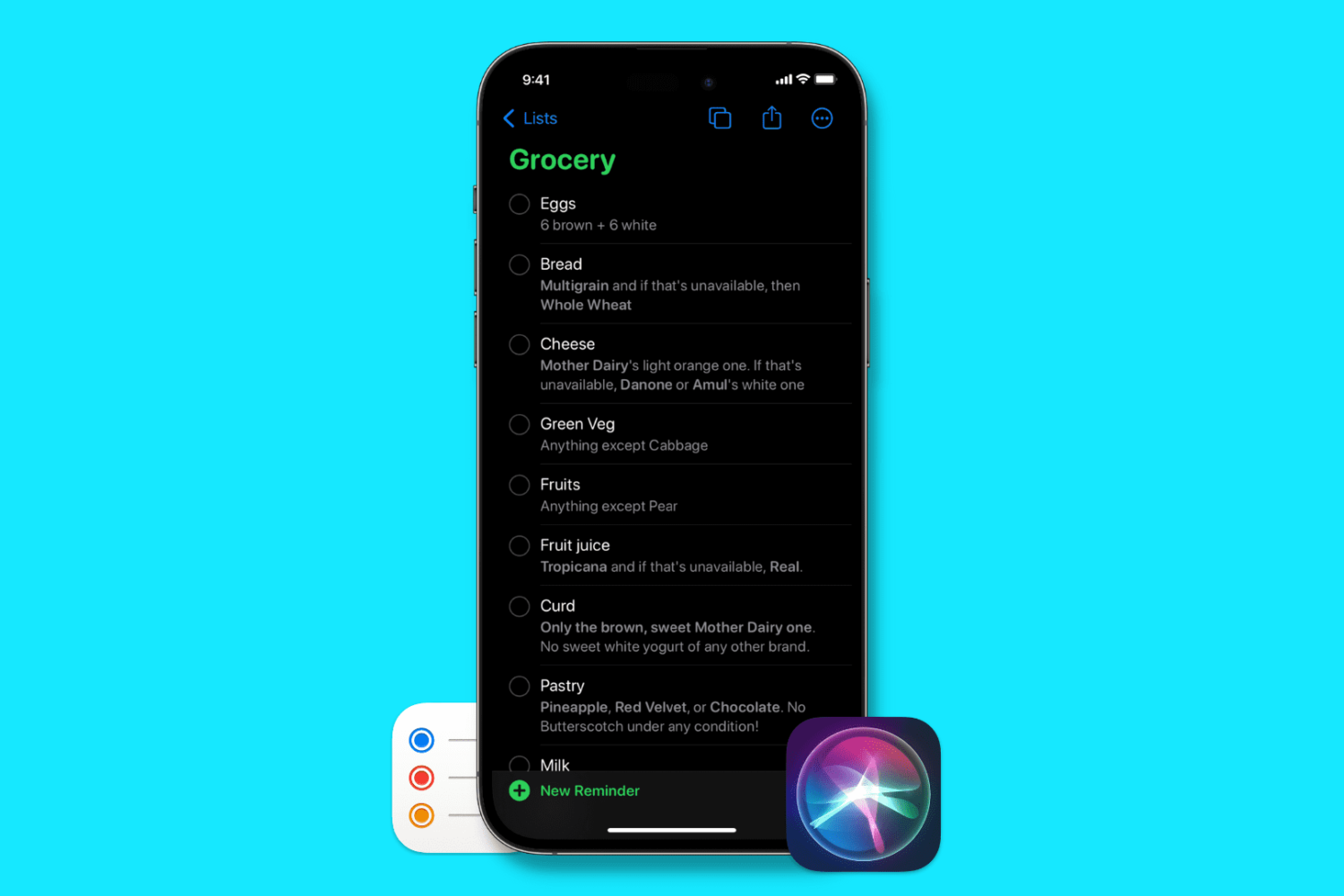 Grocery list in the Reminders app with a small Siri icon placed in front of the iPhone mockup