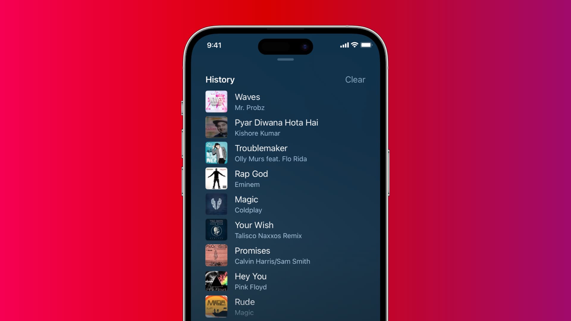 iPhone mockup showing Apple Music song listening history