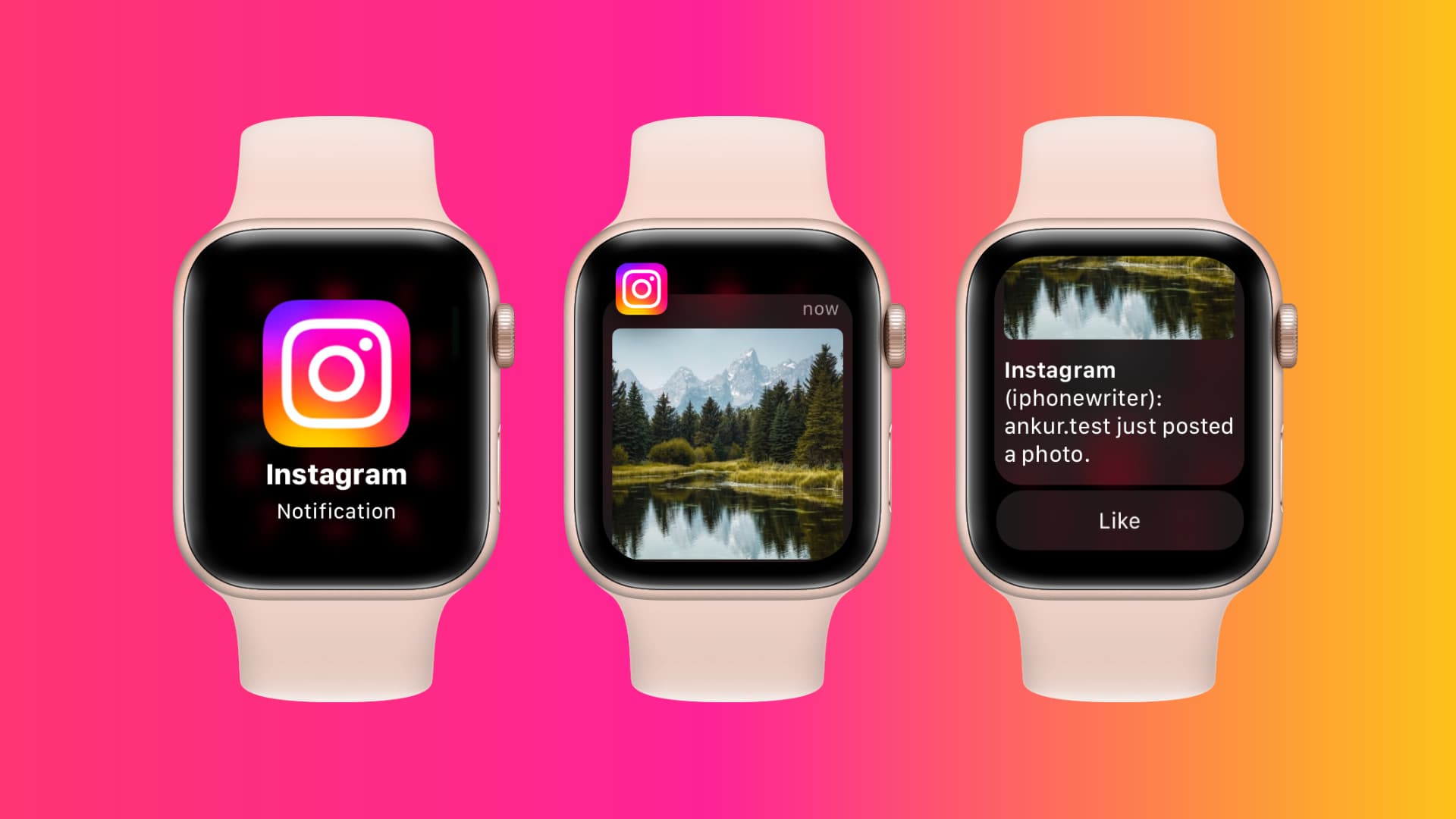 Three Apple Watch mockups showing an Instagram notification for a new post on the watch screen