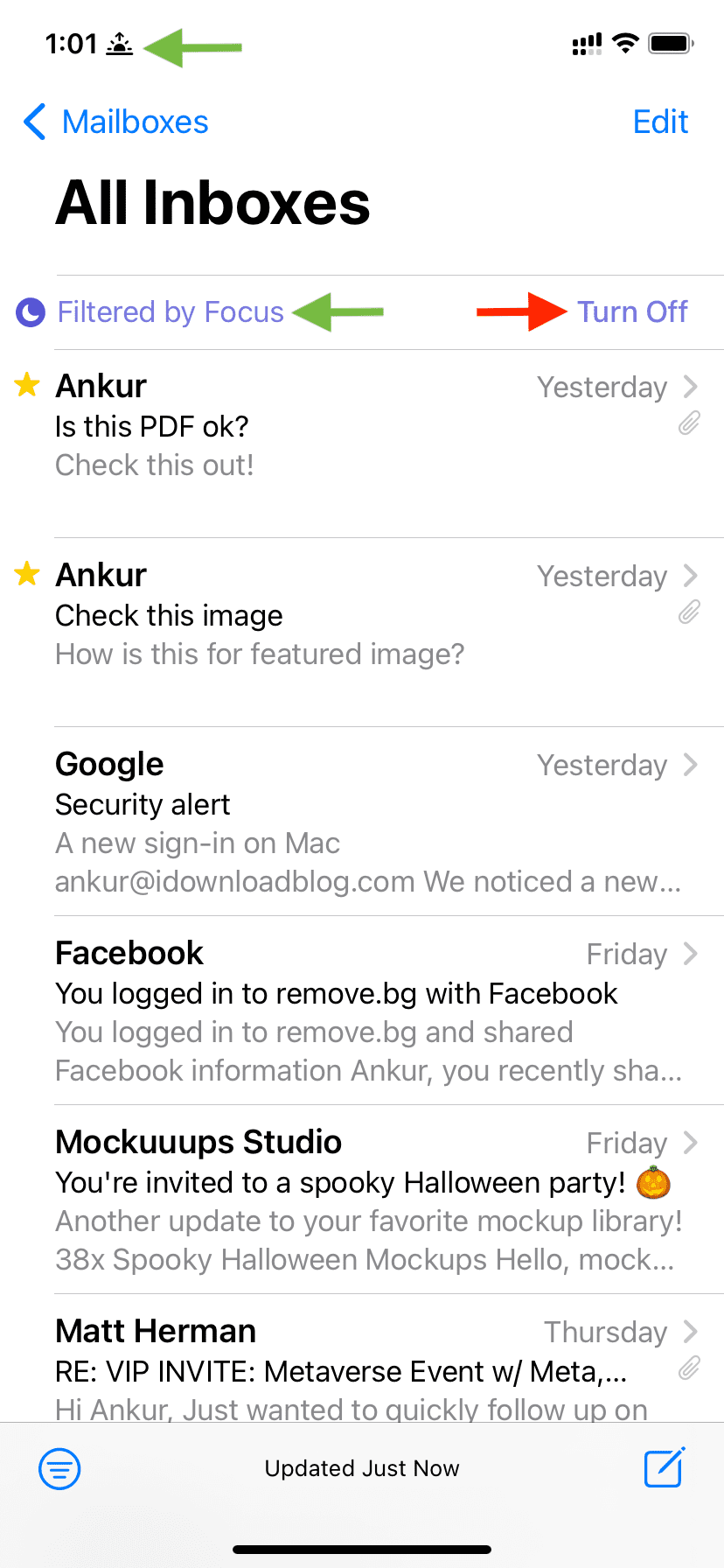 iOS 16 Mail app filtered by Focus