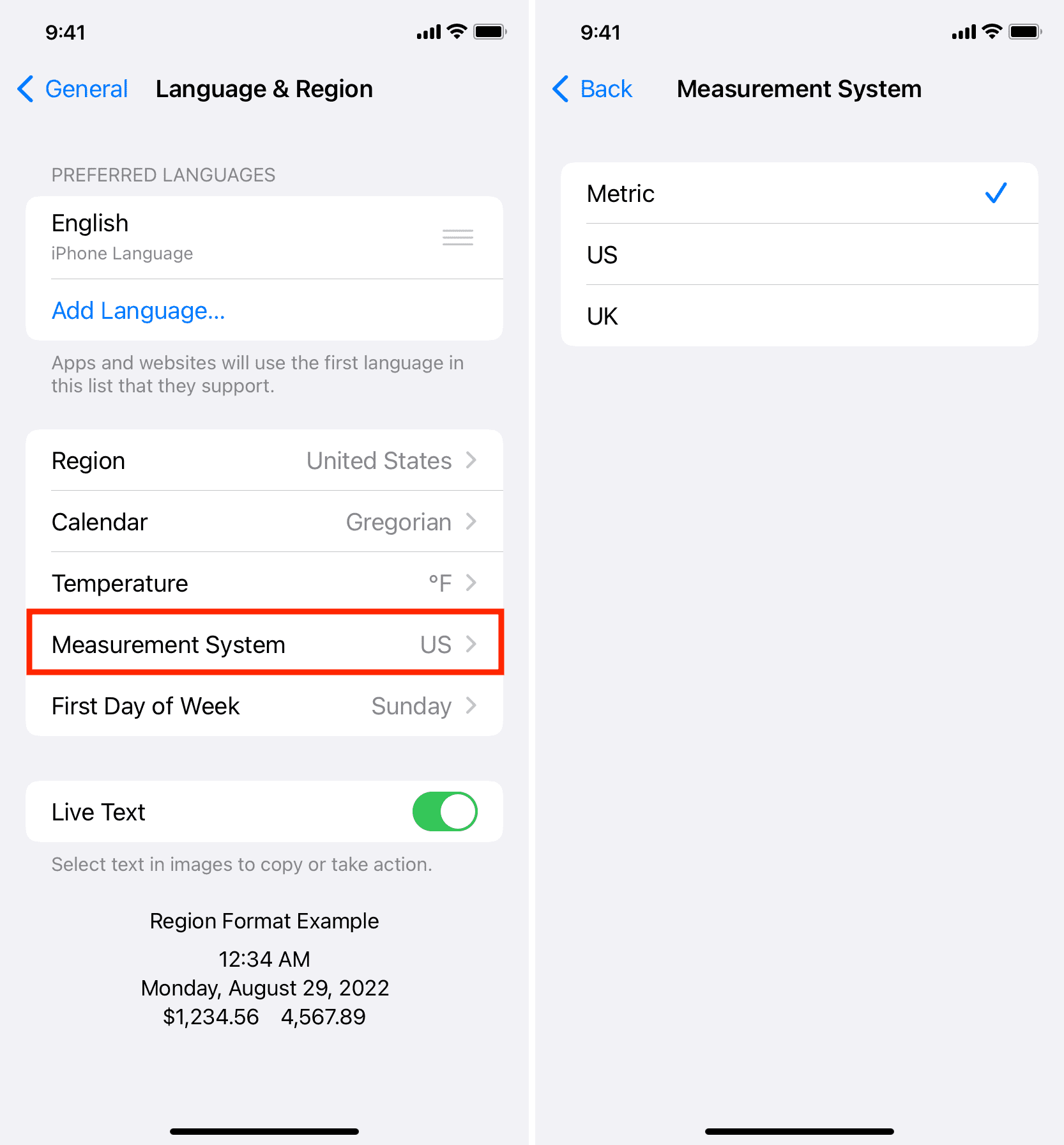 Measurement System in iPhone Language and Region settings