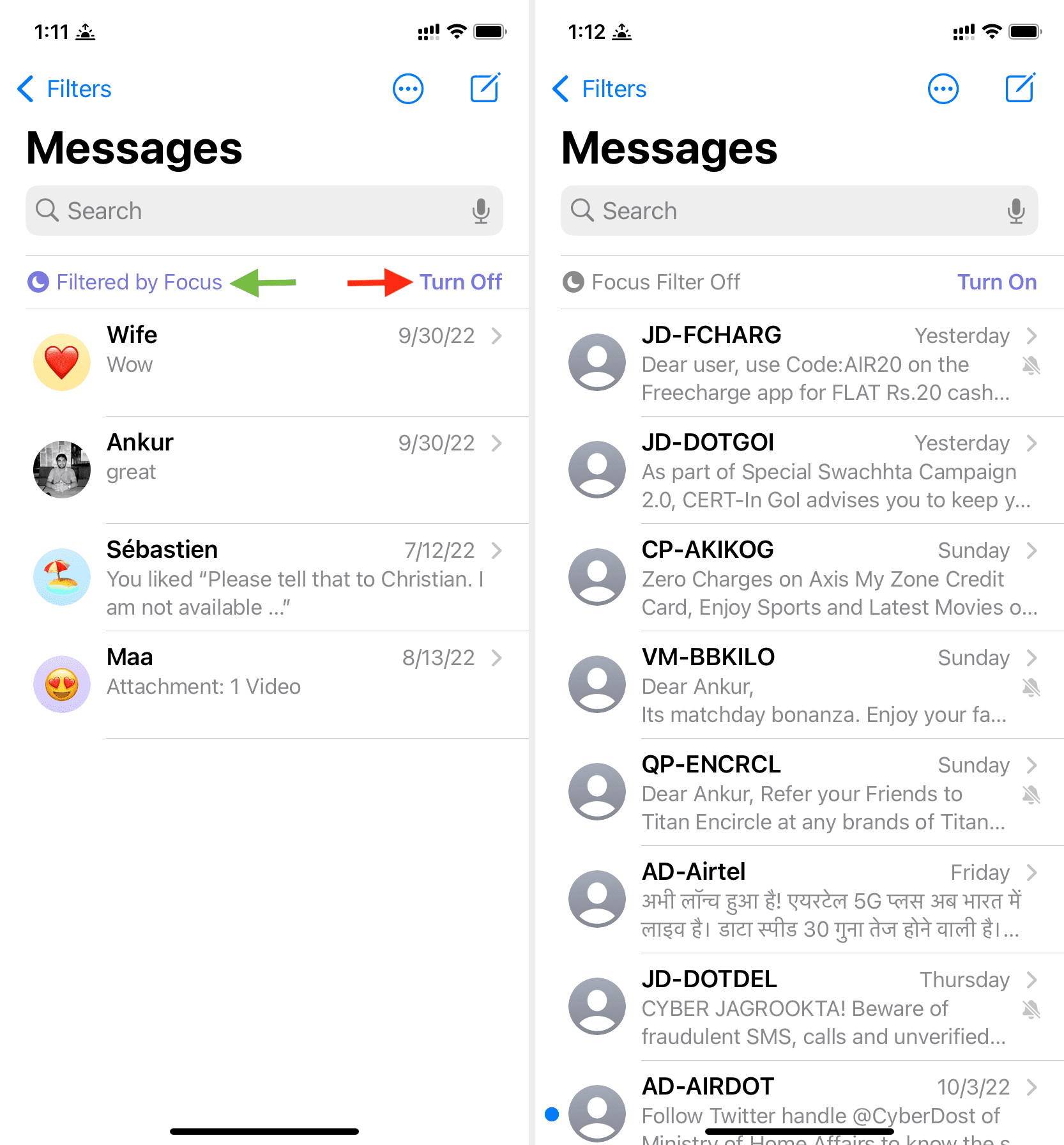 Messages app filtered during Focus mode