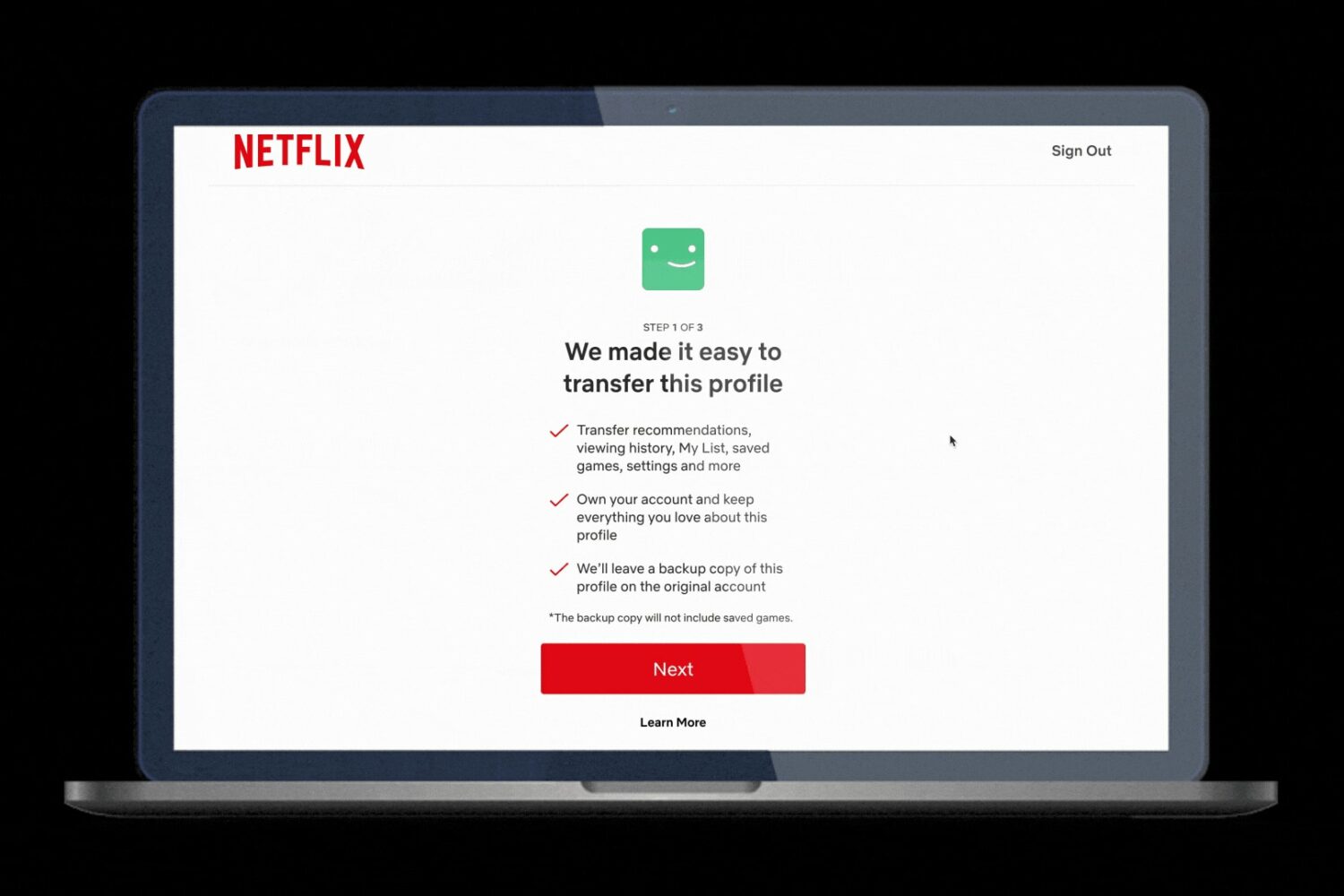Splash screen for the Transfer Profile feature on Netflix laying out the benefits of transferring profile data to a new account