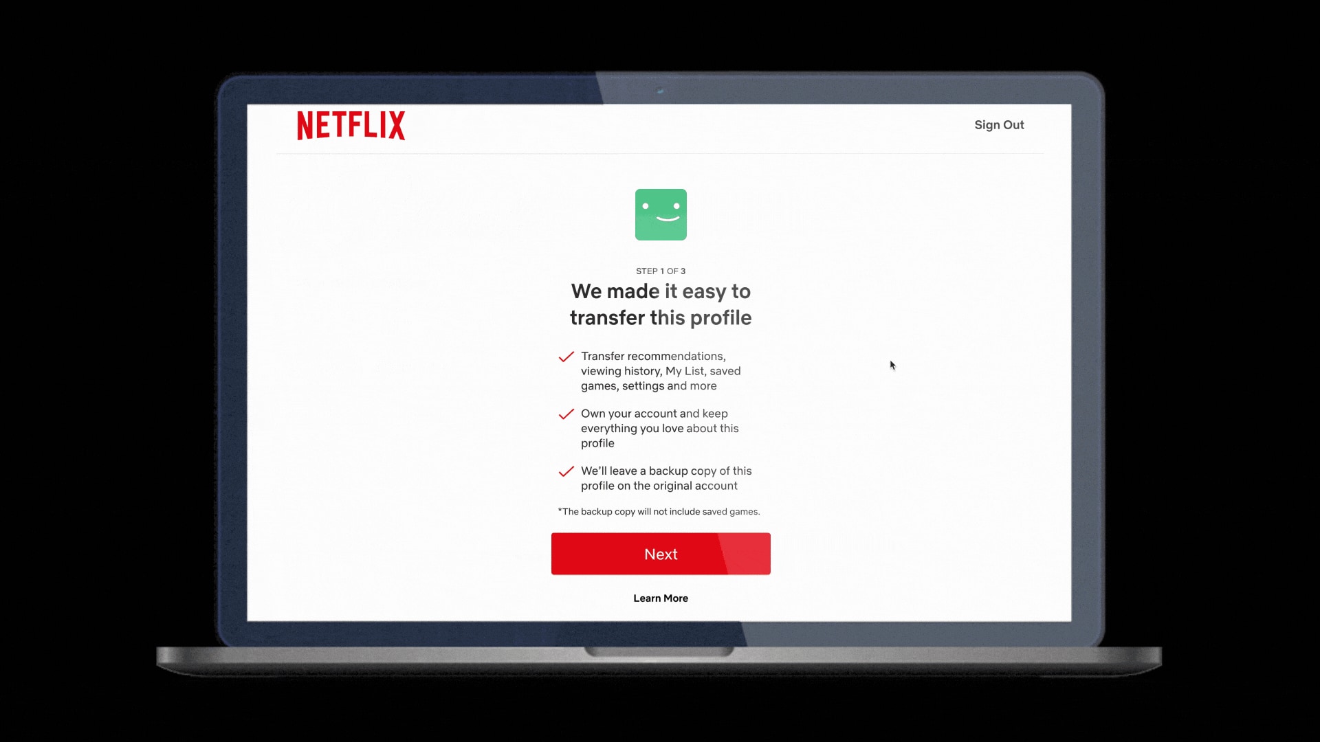 Splash screen for the Transfer Profile feature on Netflix laying out the benefits of transferring profile data to a new account 