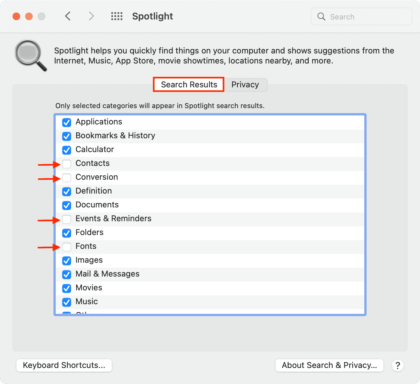 Prevent categories from showing in Spotlight on Mac