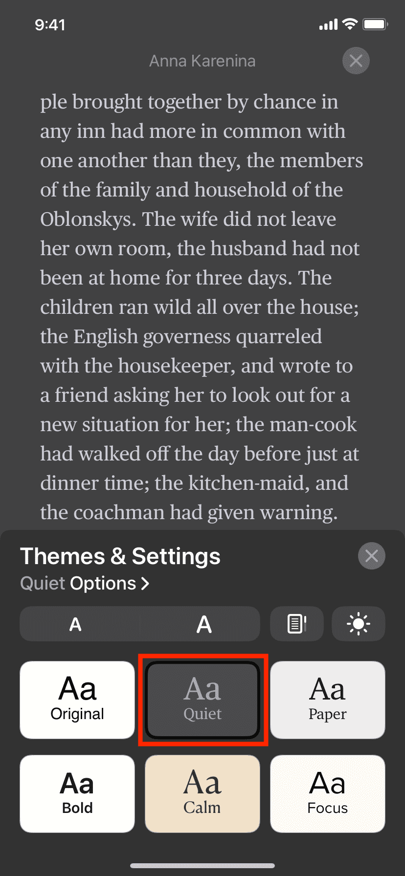 Quiet theme appears like Dark Mode in iPhone Books app