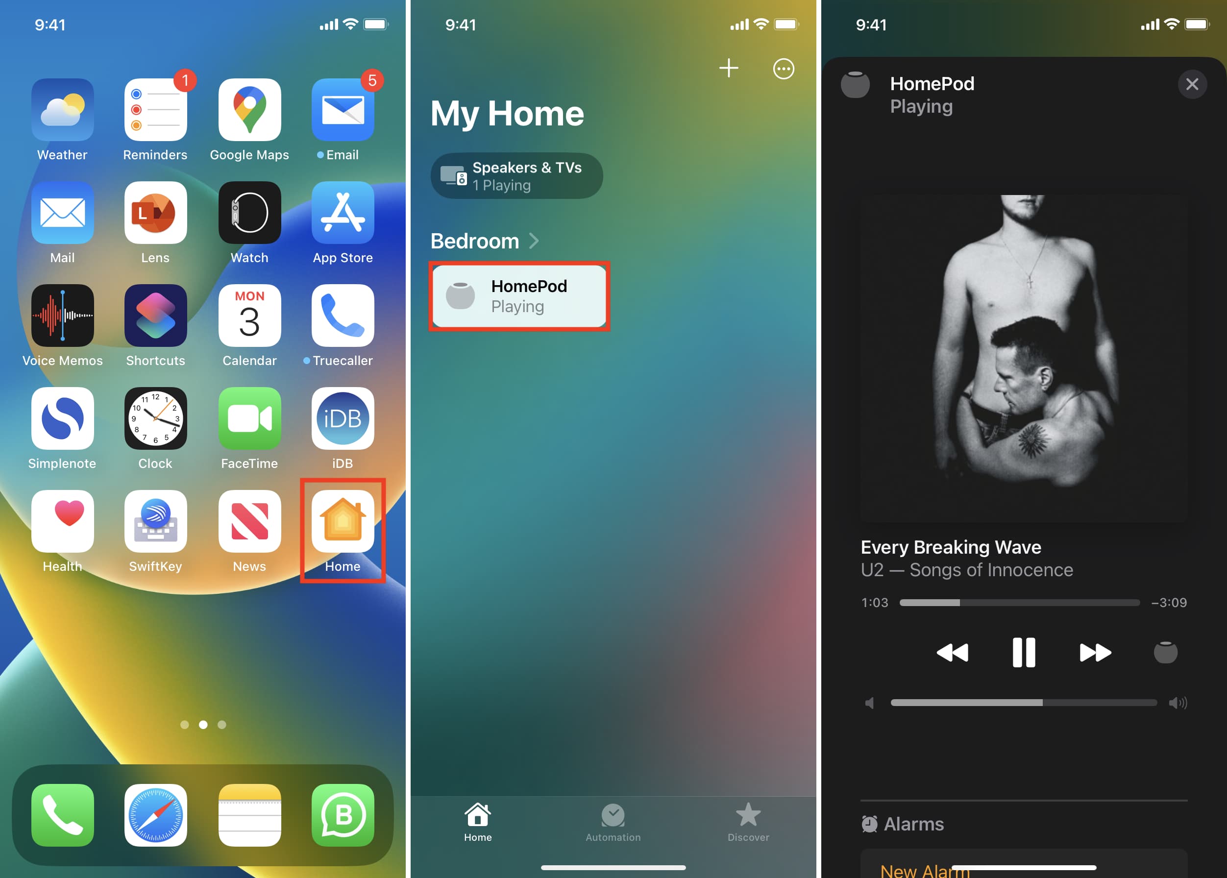Three iPhone screenshots showing how to see what is playing on HomePod inside the iPhone Home app