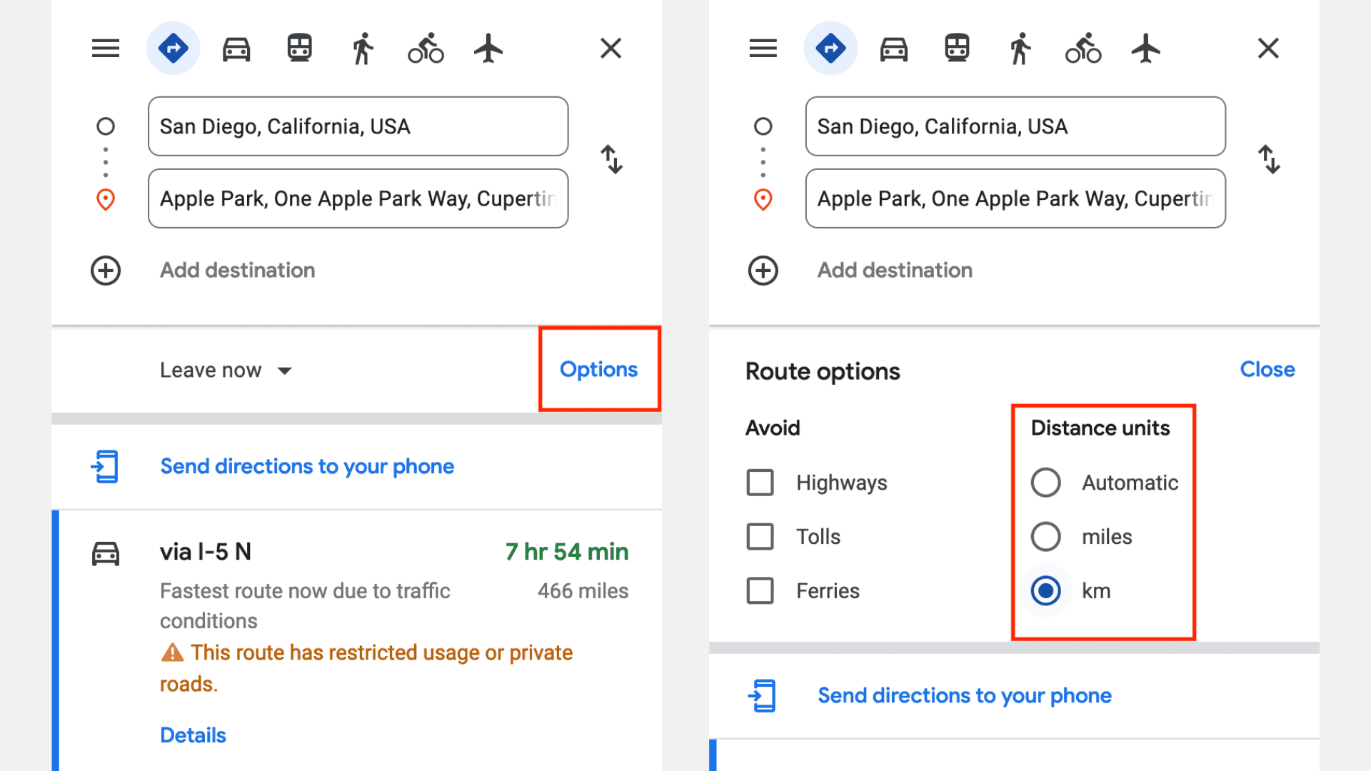 Set distance units to km or miles in Google Maps on web