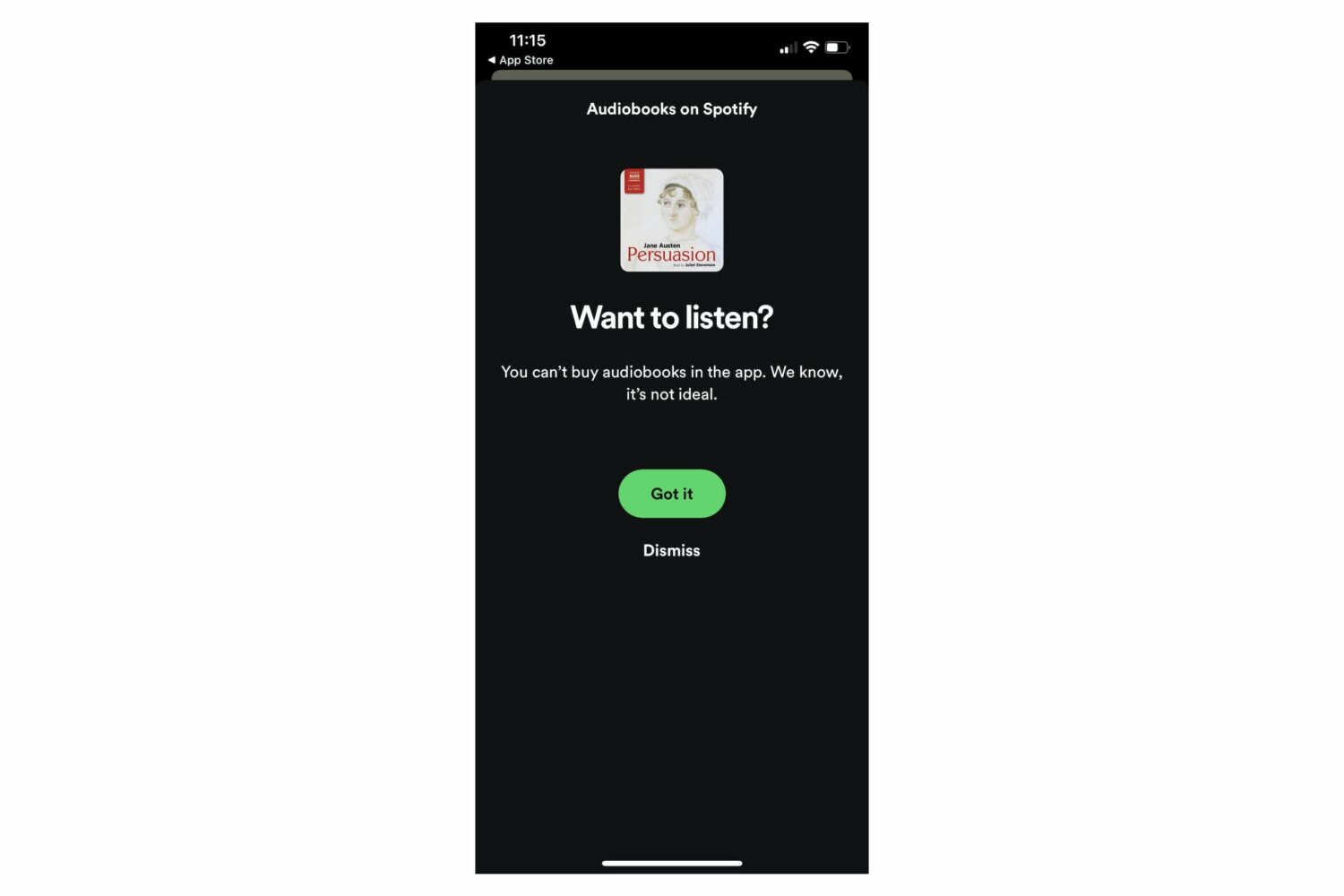 Spotify for iPhone screenshot showing a message the user sees when trying to buy an audiobook through the app