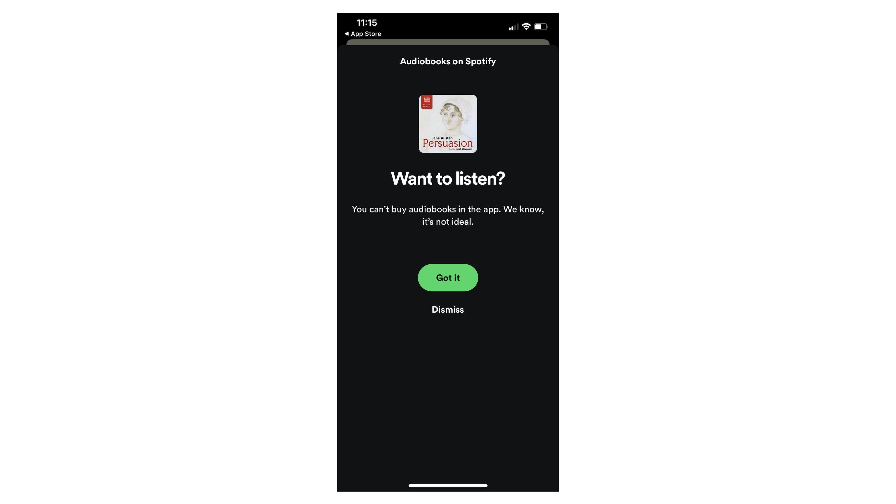 Spotify for iPhone screenshot showing a message the user sees when trying to buy an audiobook through the app