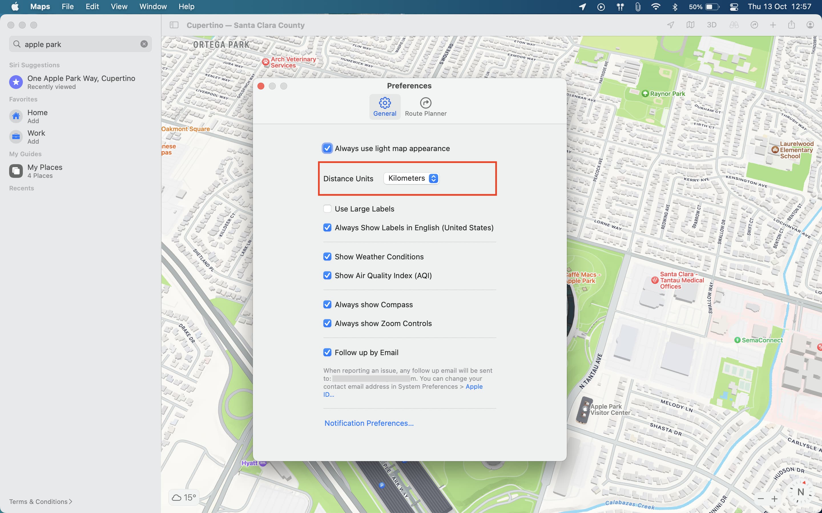 Switch Apple Maps distance unit to kilometers or miles on Mac